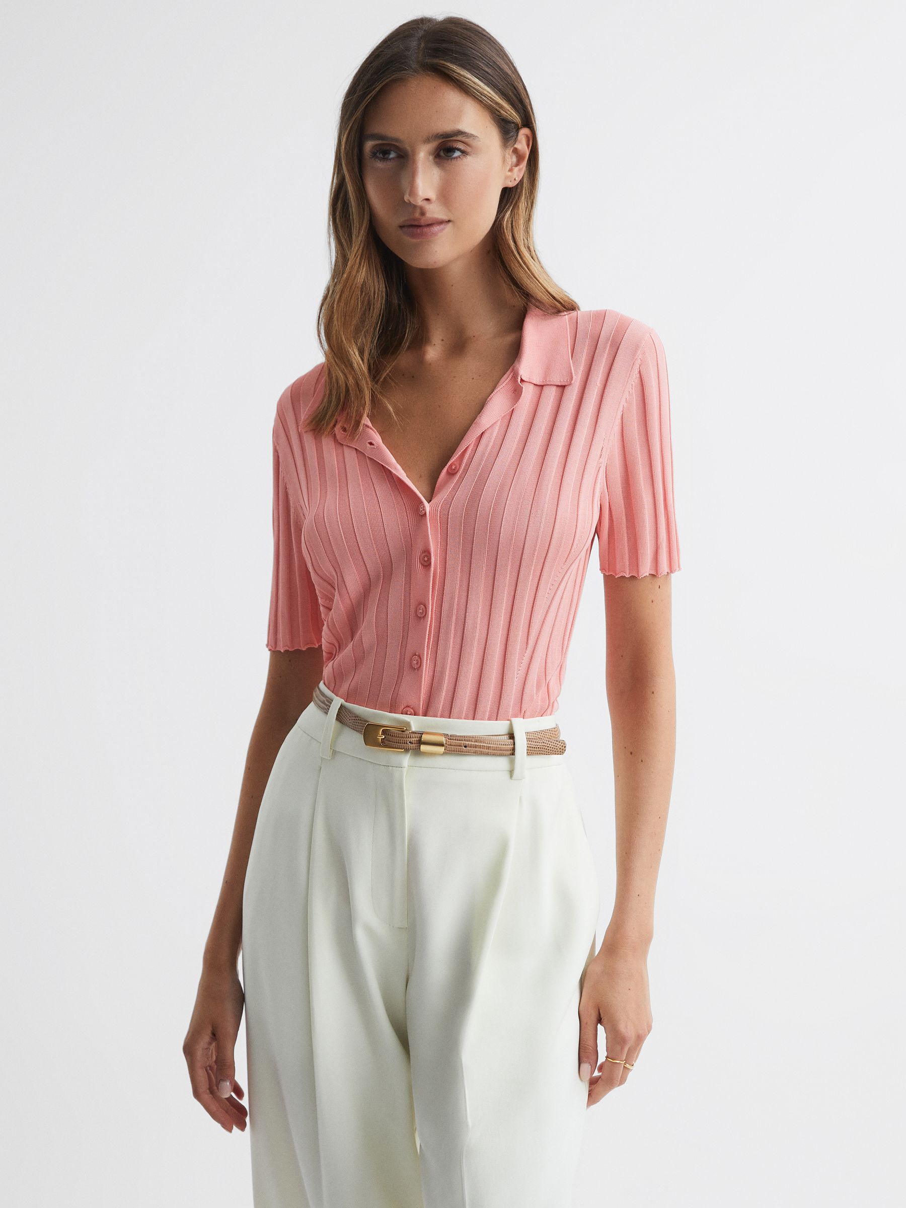 Fitted Striped Button Through T-Shirt in Pink - Image 3 of 5