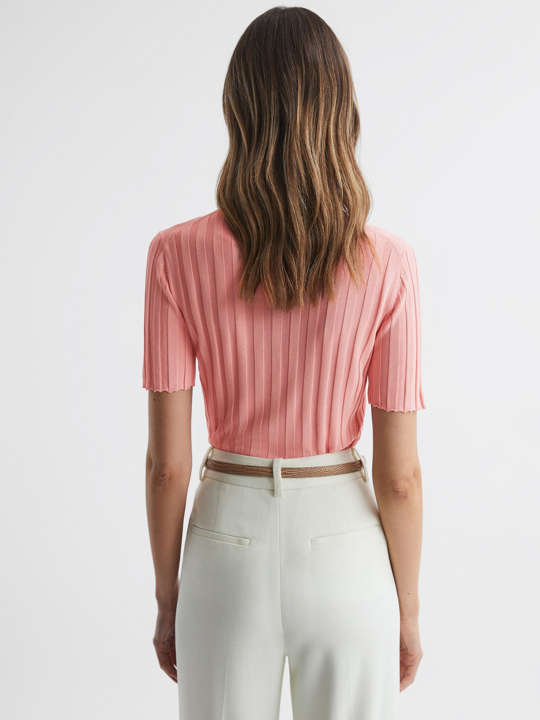Fitted Striped Button Through T-Shirt in Pink - Image 4 of 5