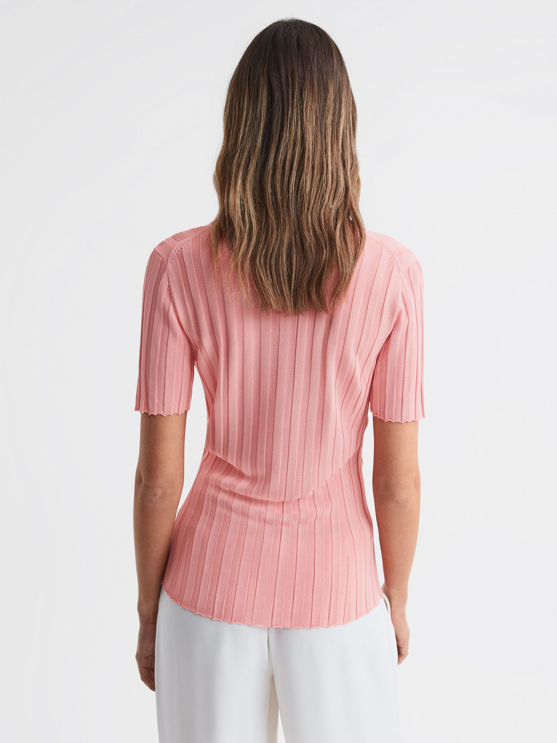Fitted Striped Button Through T-Shirt in Pink - Image 5 of 5