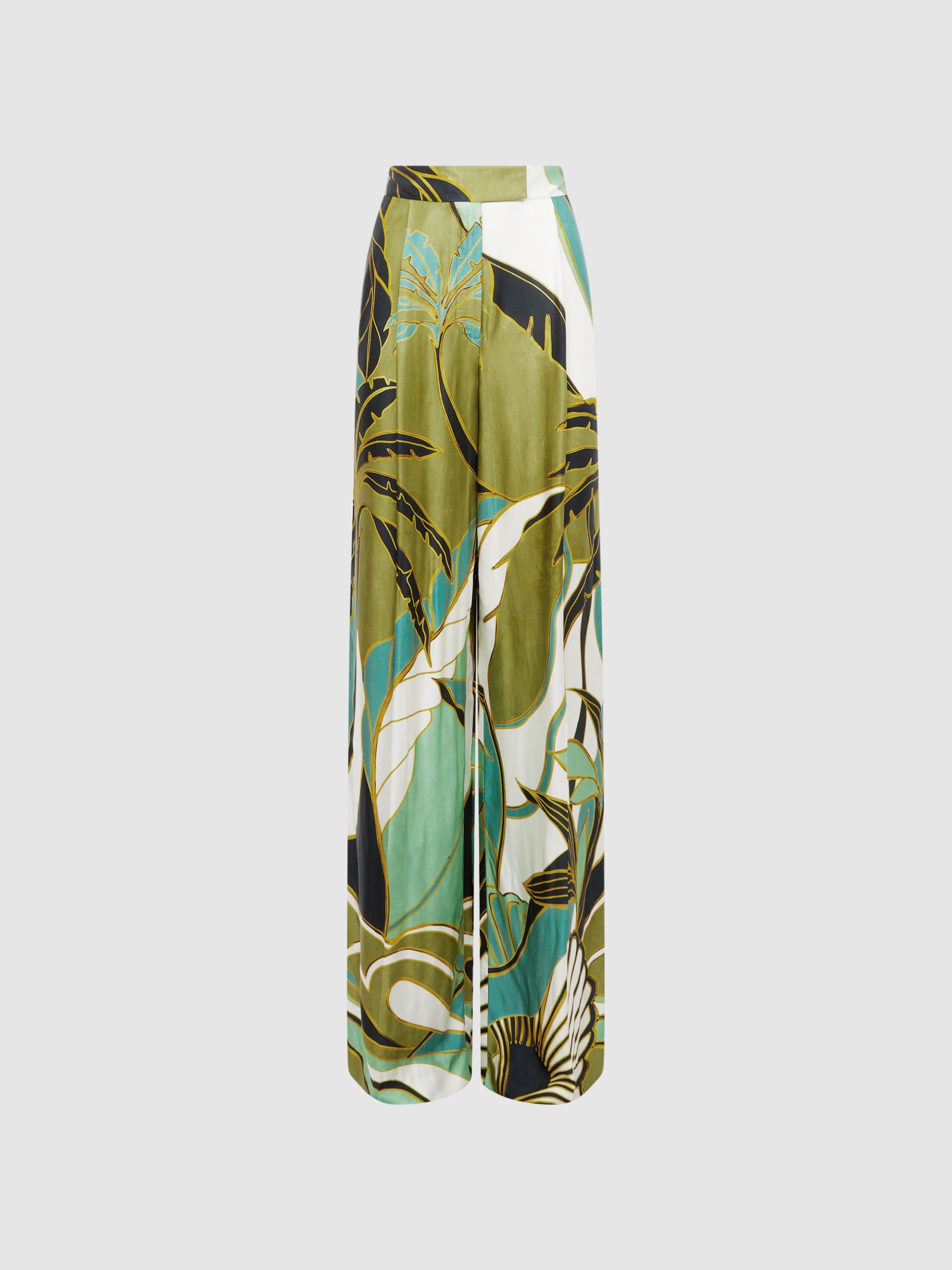 Wide Leg Mid Rise Printed Trousers in Green Print - Image 2 of 6