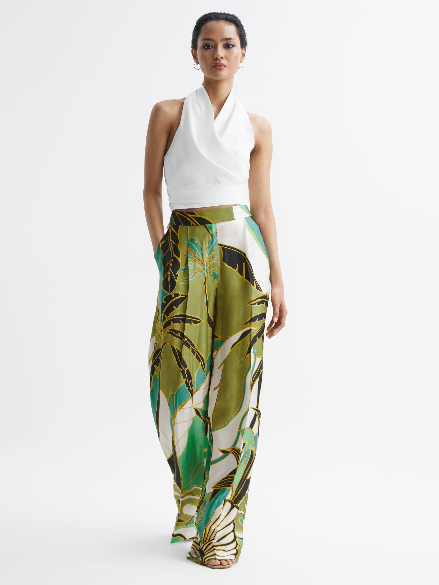 Wide Leg Mid Rise Printed Trousers in Green Print - Image 3 of 6