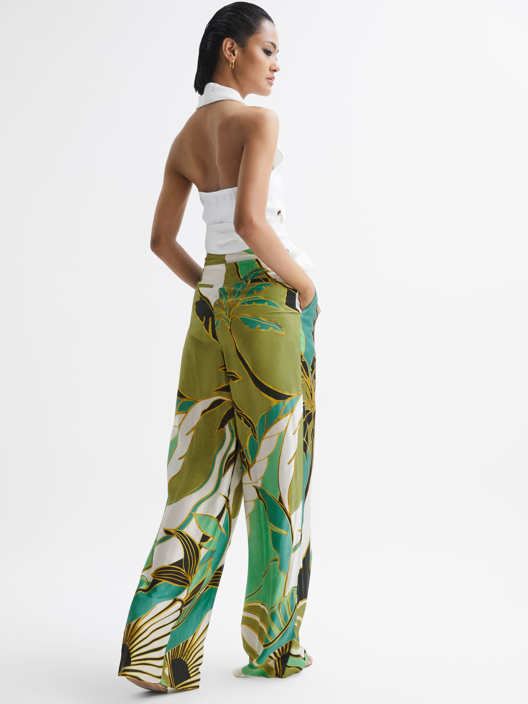 Wide Leg Mid Rise Printed Trousers in Green Print - Image 5 of 6