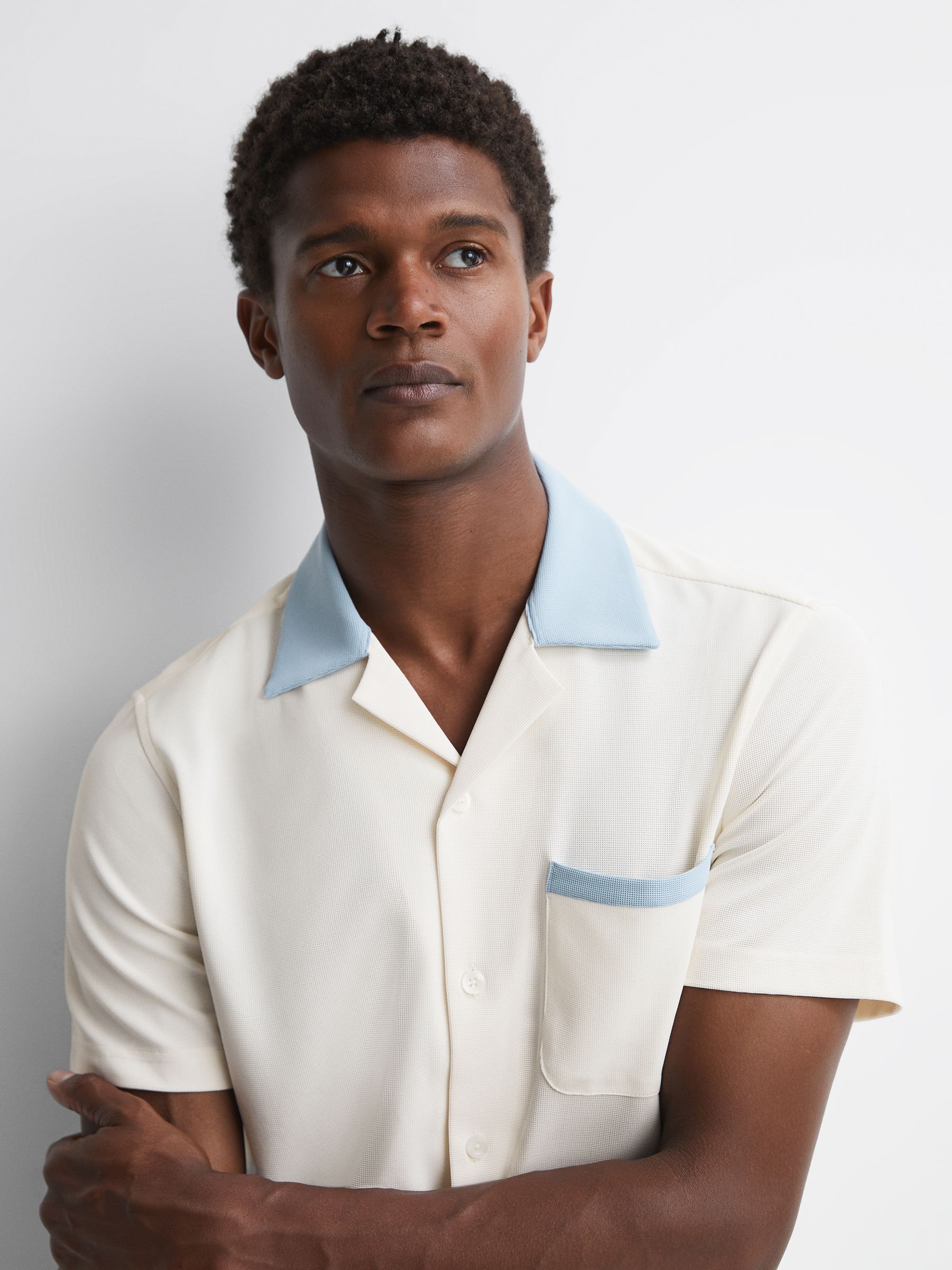 Cuban Collar Contrast Shirt in Ecru/Blue - Image 1 of 4