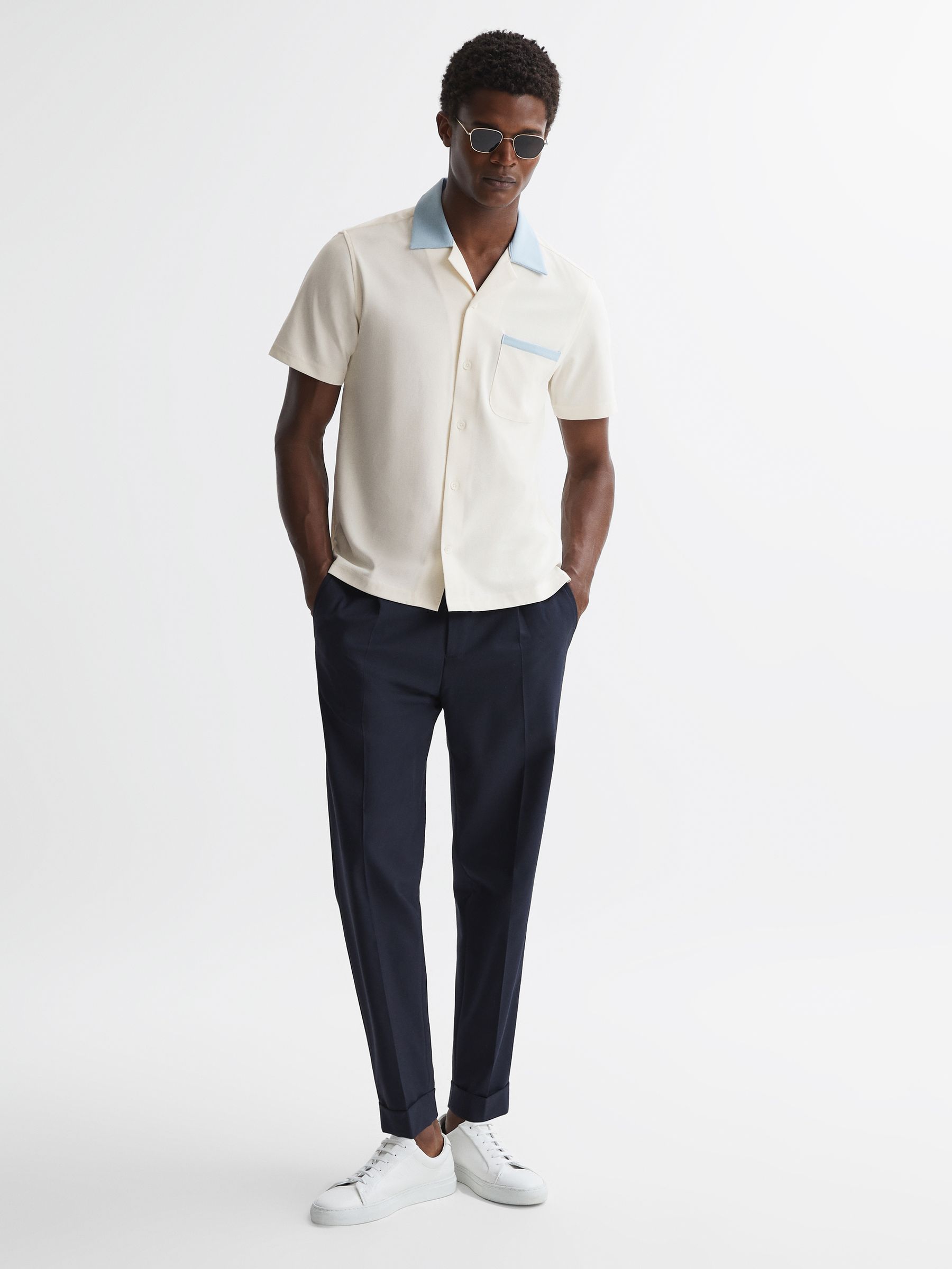 Cuban Collar Contrast Shirt in Ecru/Blue - Image 3 of 4