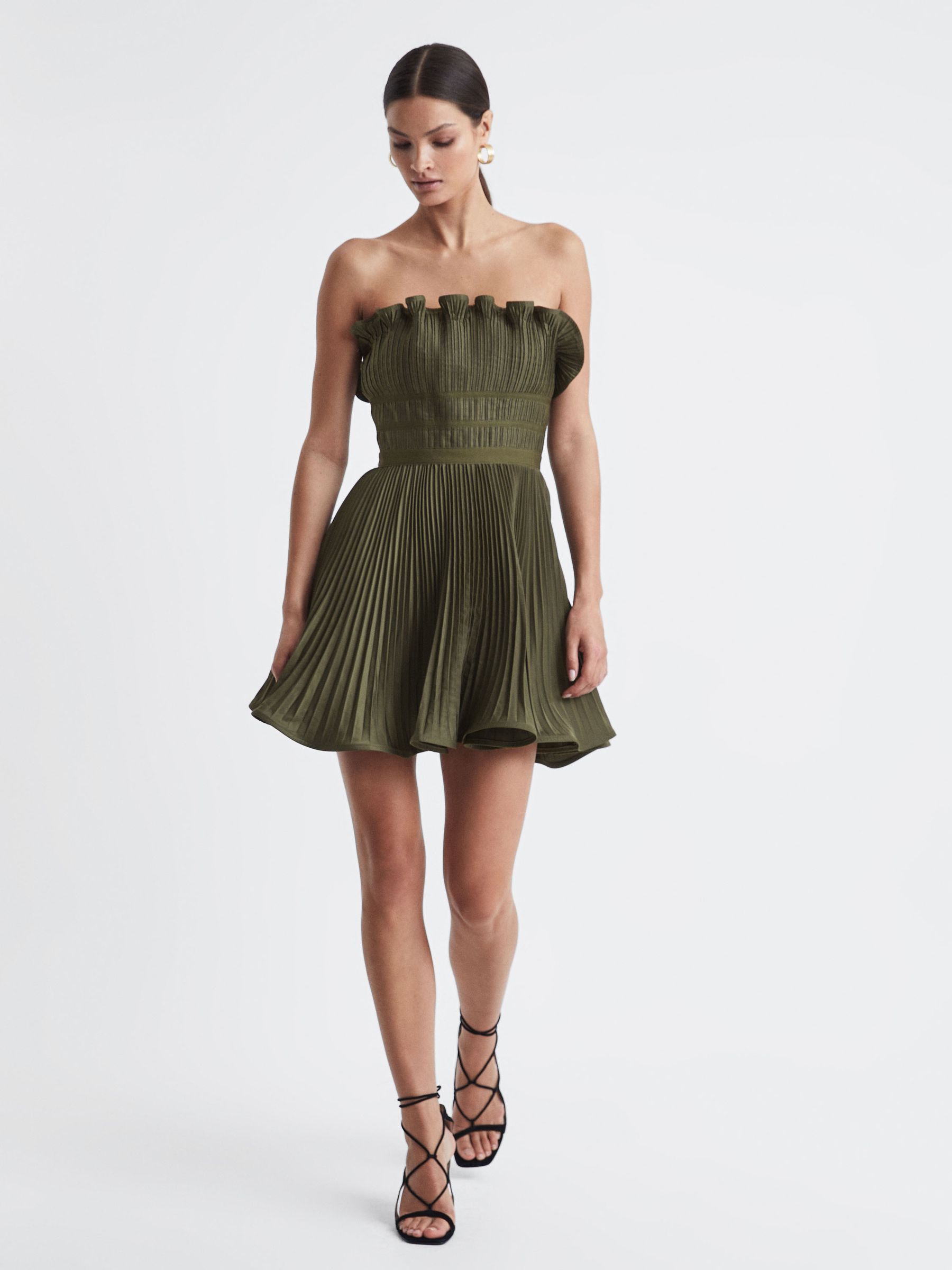 Amur Strapless Pleated Mini Dress in Olive - Image 1 of 5