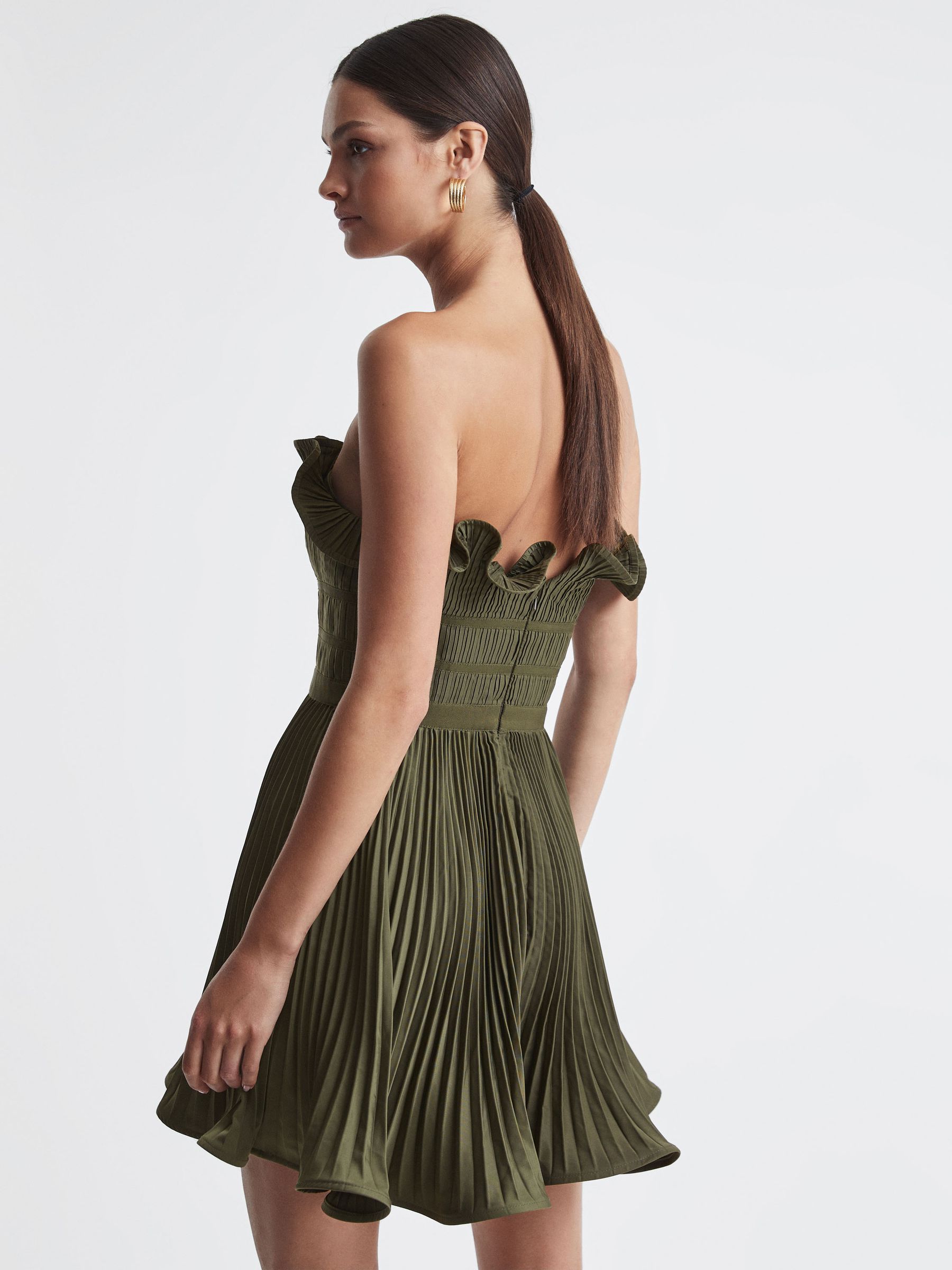 Amur Strapless Pleated Mini Dress in Olive - Image 4 of 5
