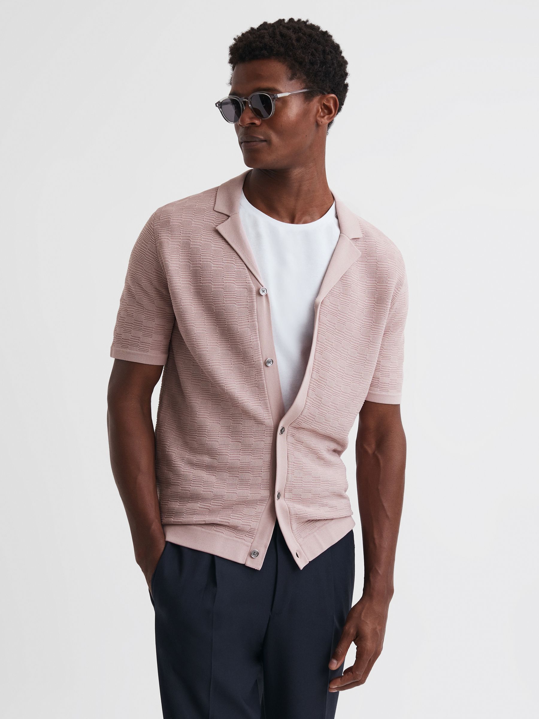 Textured Cuban Collar Button-Through Shirt in Dusty Pink - Image 1 of 4