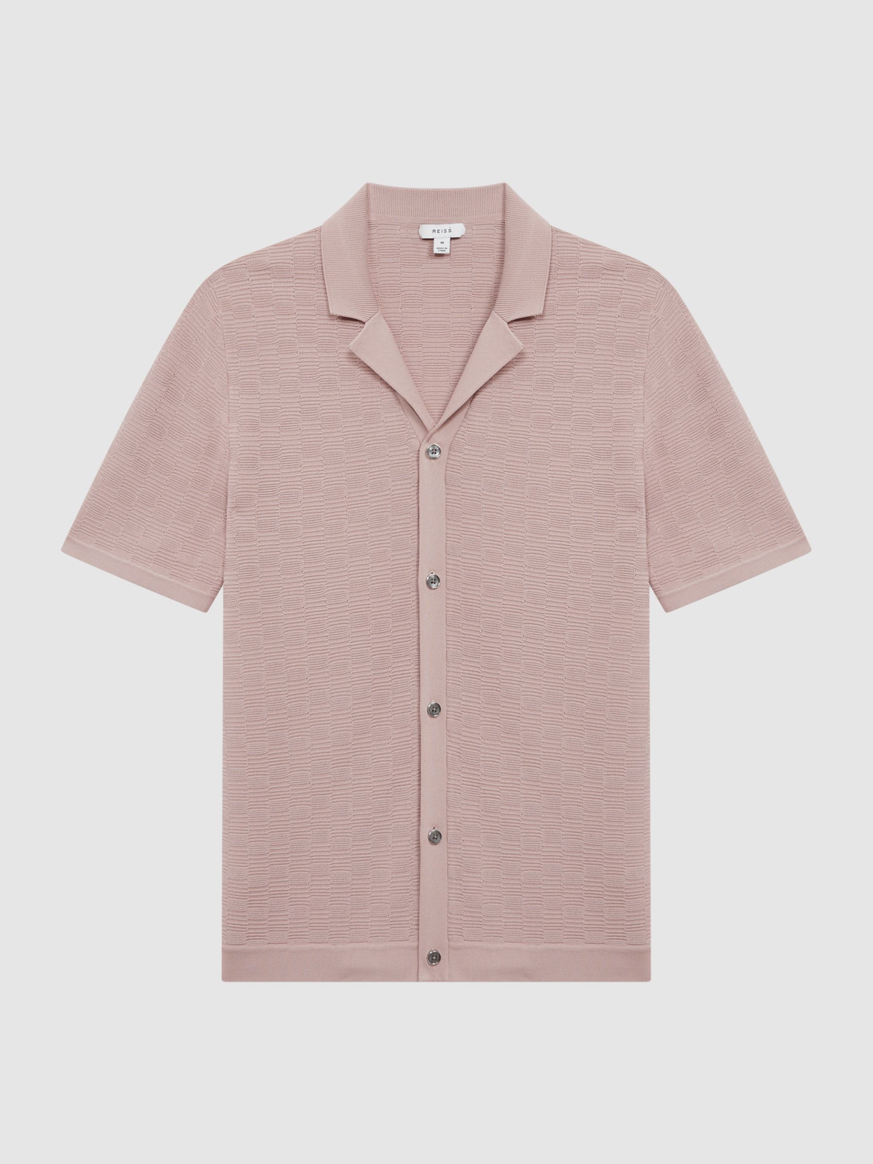 Textured Cuban Collar Button-Through Shirt in Dusty Pink - Image 2 of 4