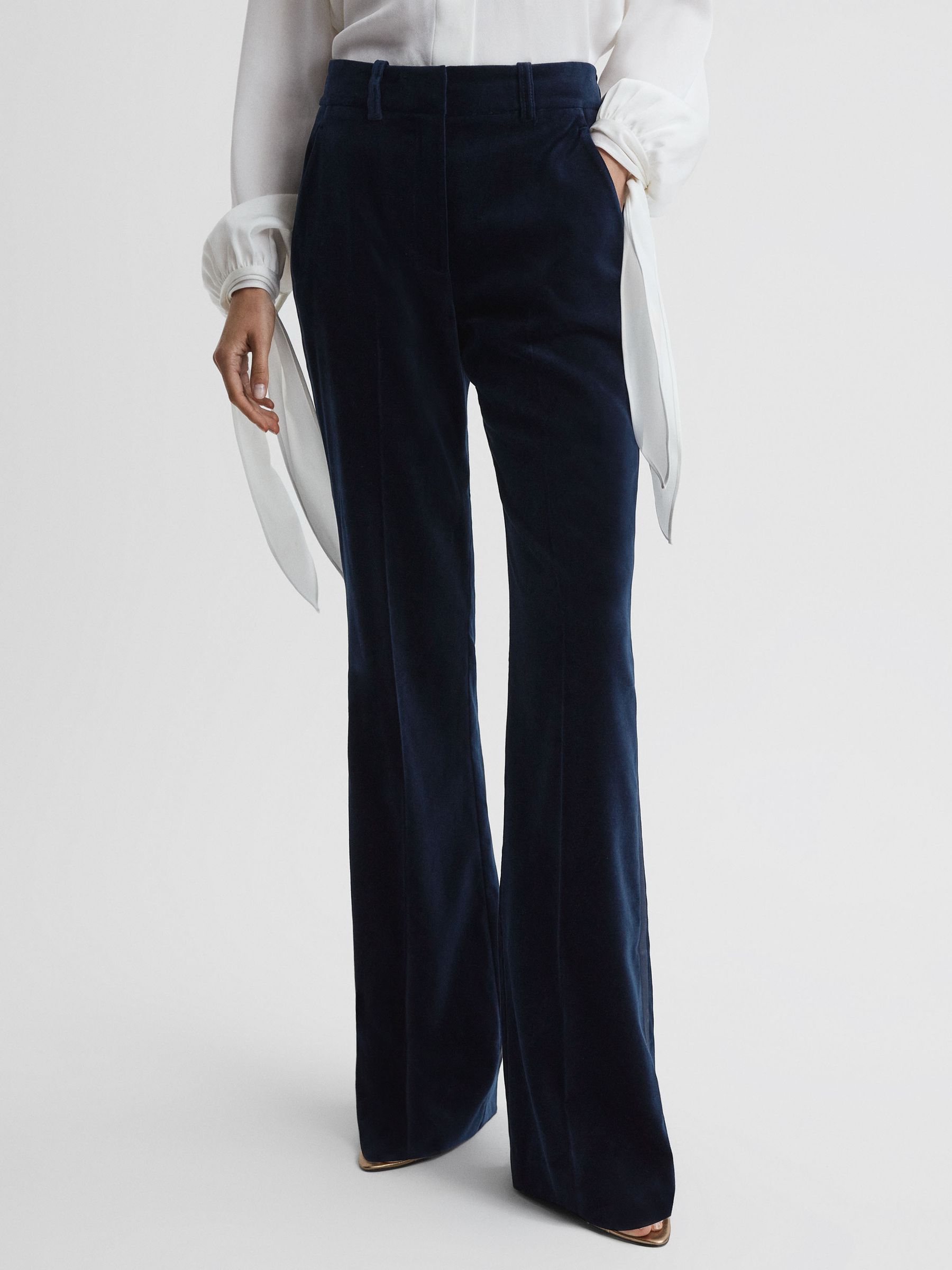 Velvet Flared Suit Trousers in Navy - Image 1 of 6