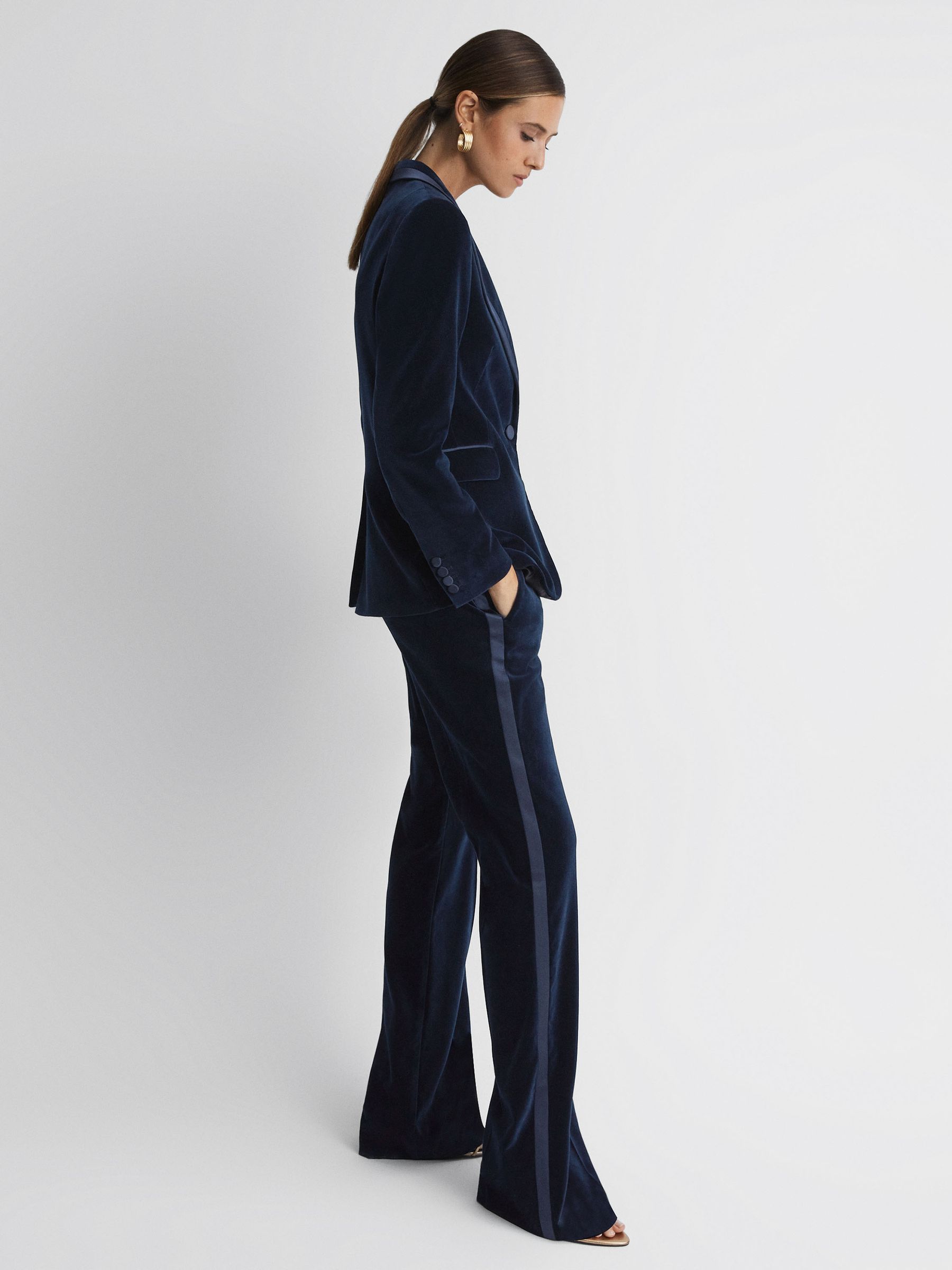 Velvet Flared Suit Trousers in Navy - Image 3 of 6