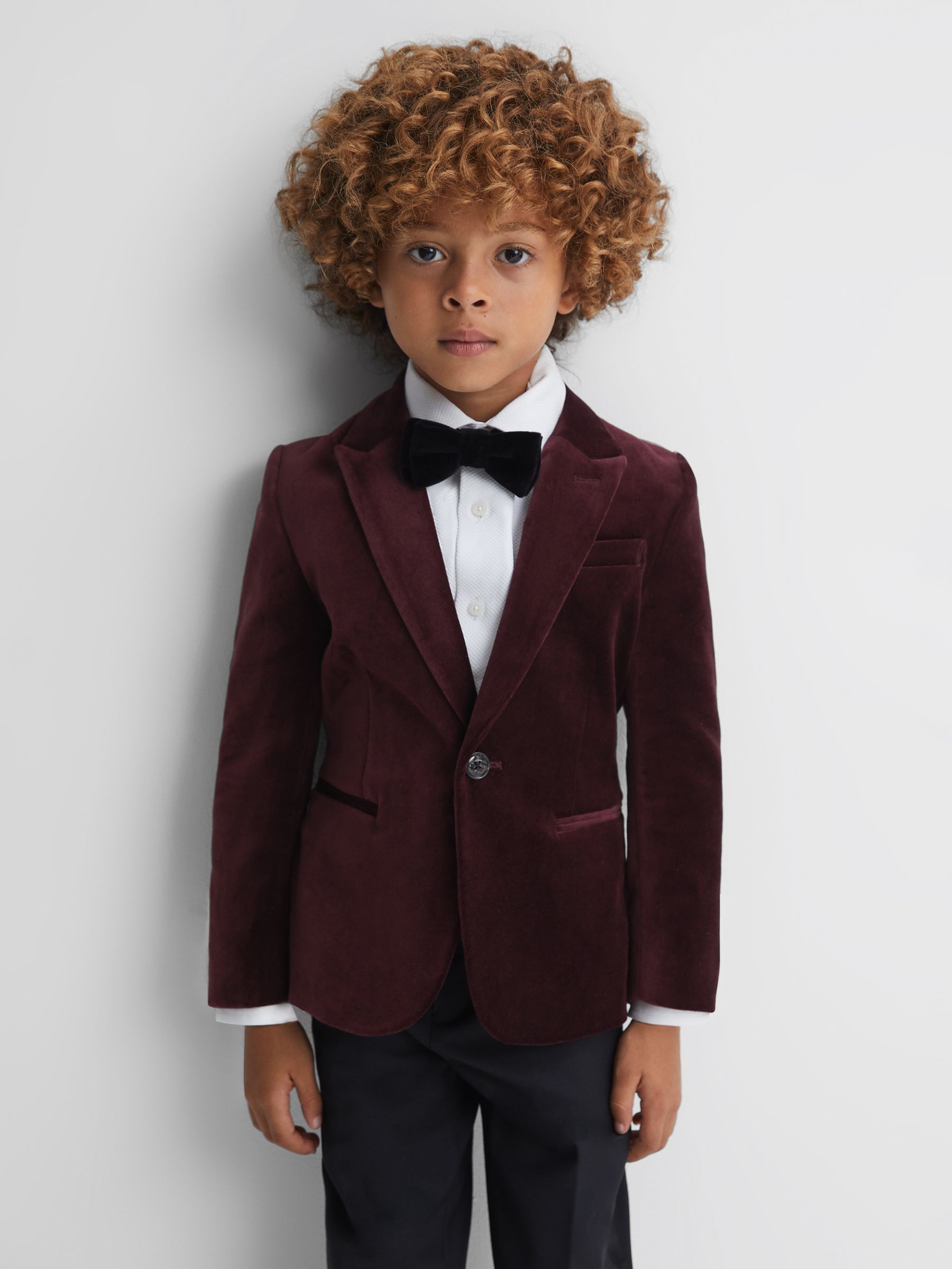 9-14 yrs Slim Fit Velvet Single Breasted Blazer in Bordeaux - Image 1 of 6