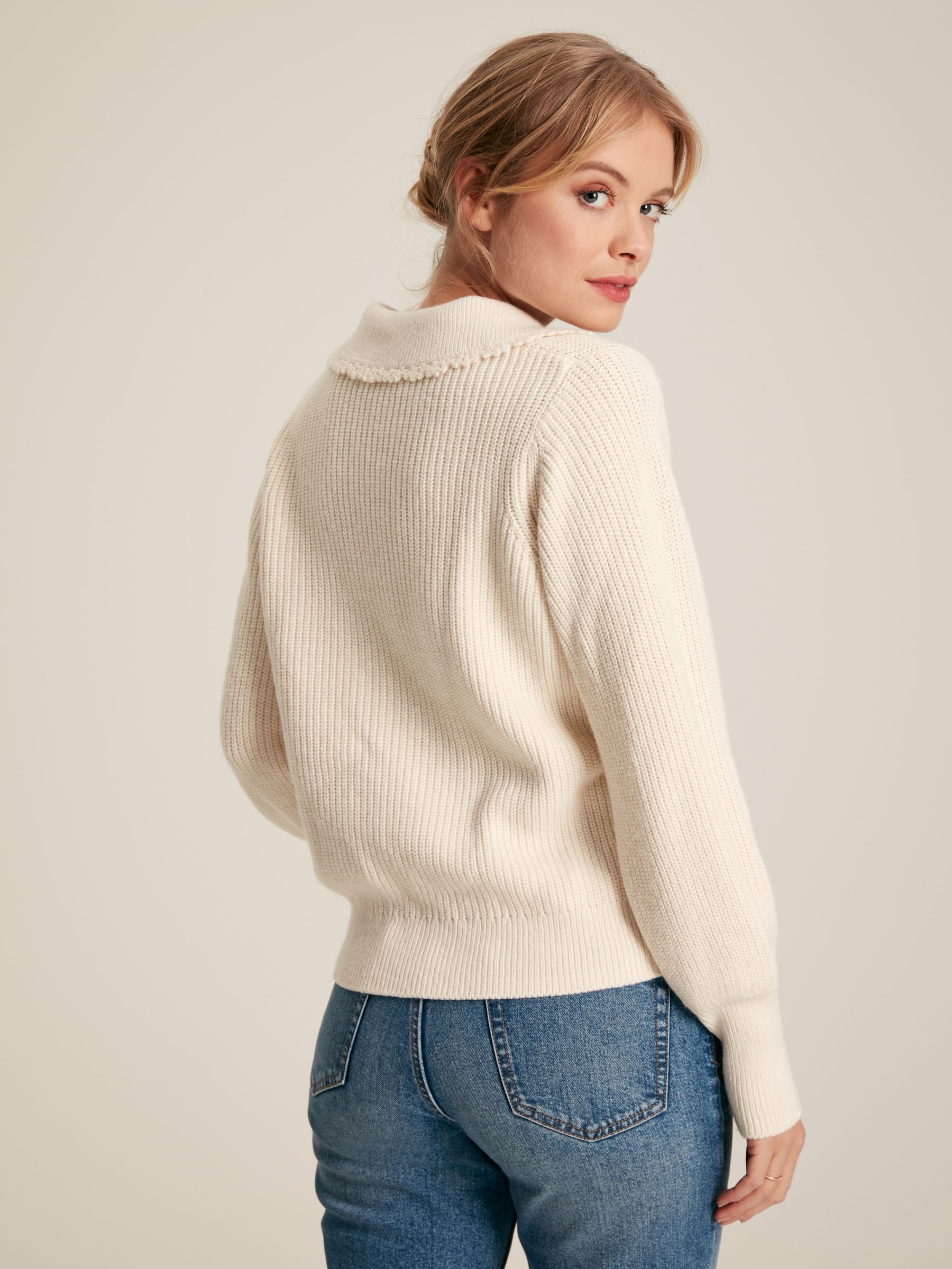 Evangeline Cream Rib Knit Jumper With Crochet Collar - Image 2 of 7