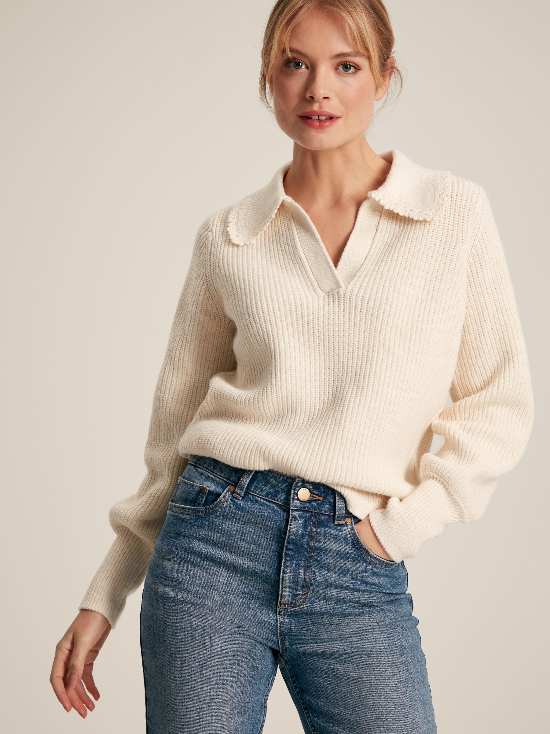 Evangeline Cream Rib Knit Jumper With Crochet Collar - Image 4 of 7