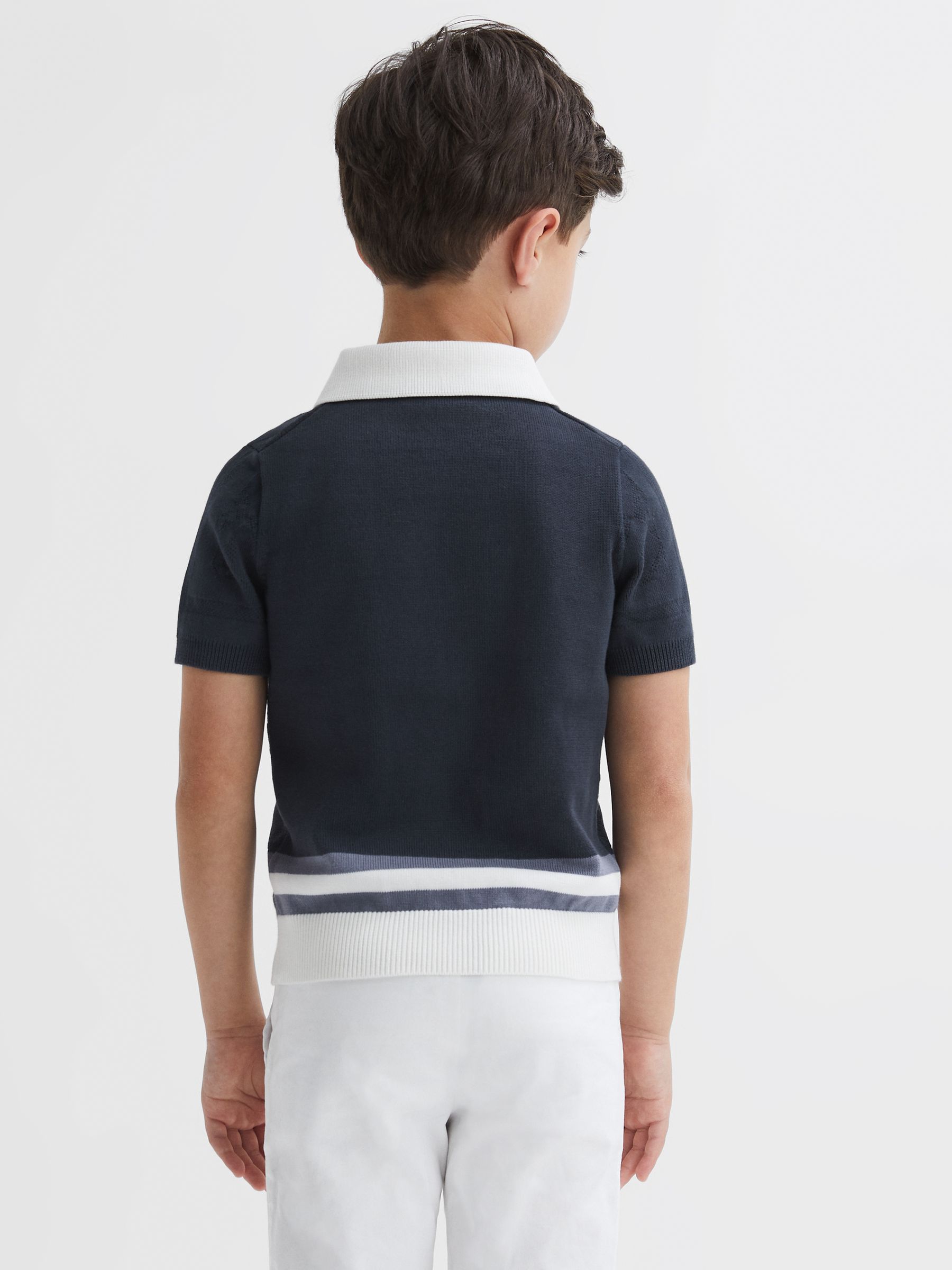 Cotton Knitted Half-Zip Polo T-Shirt in Eclipse Blue/White - Image 5 of 6