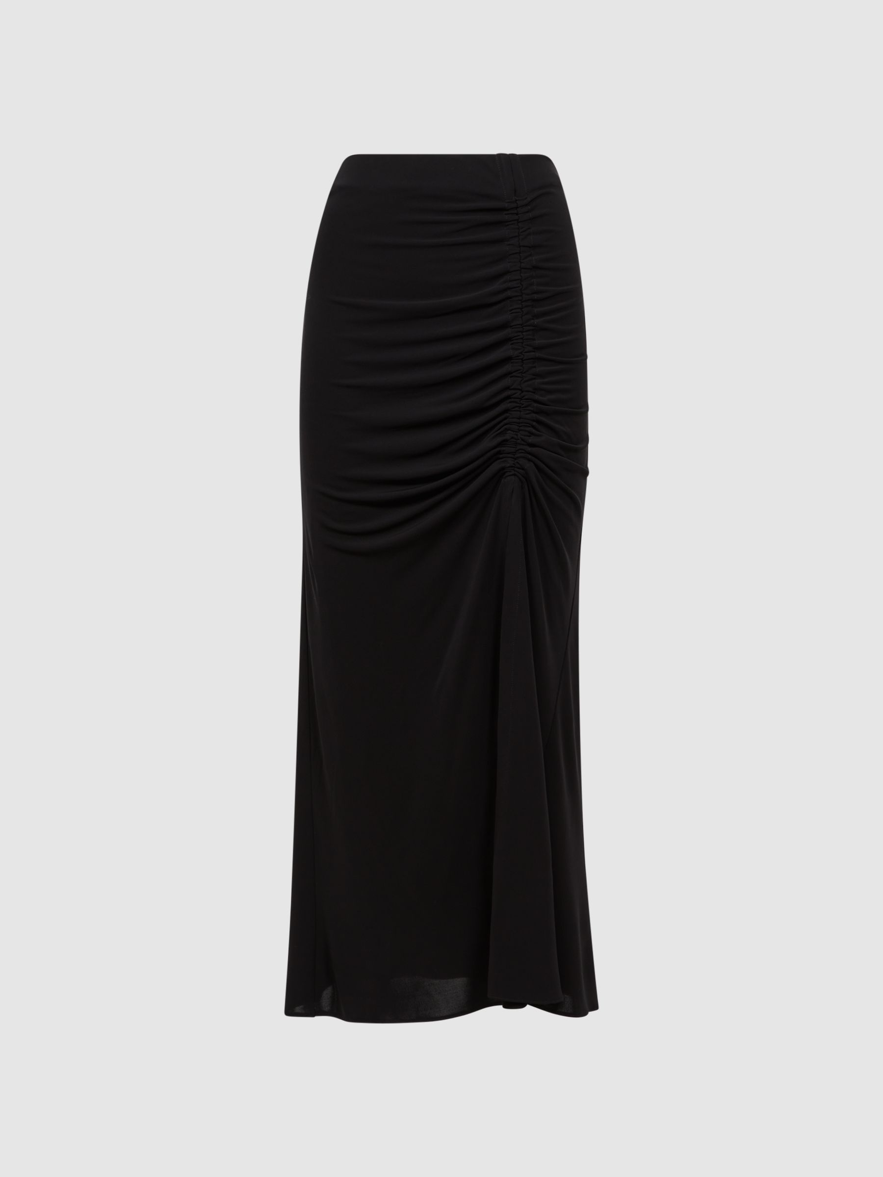 High Rise Ruched Fitted Midi Skirt in Black - Image 2 of 5