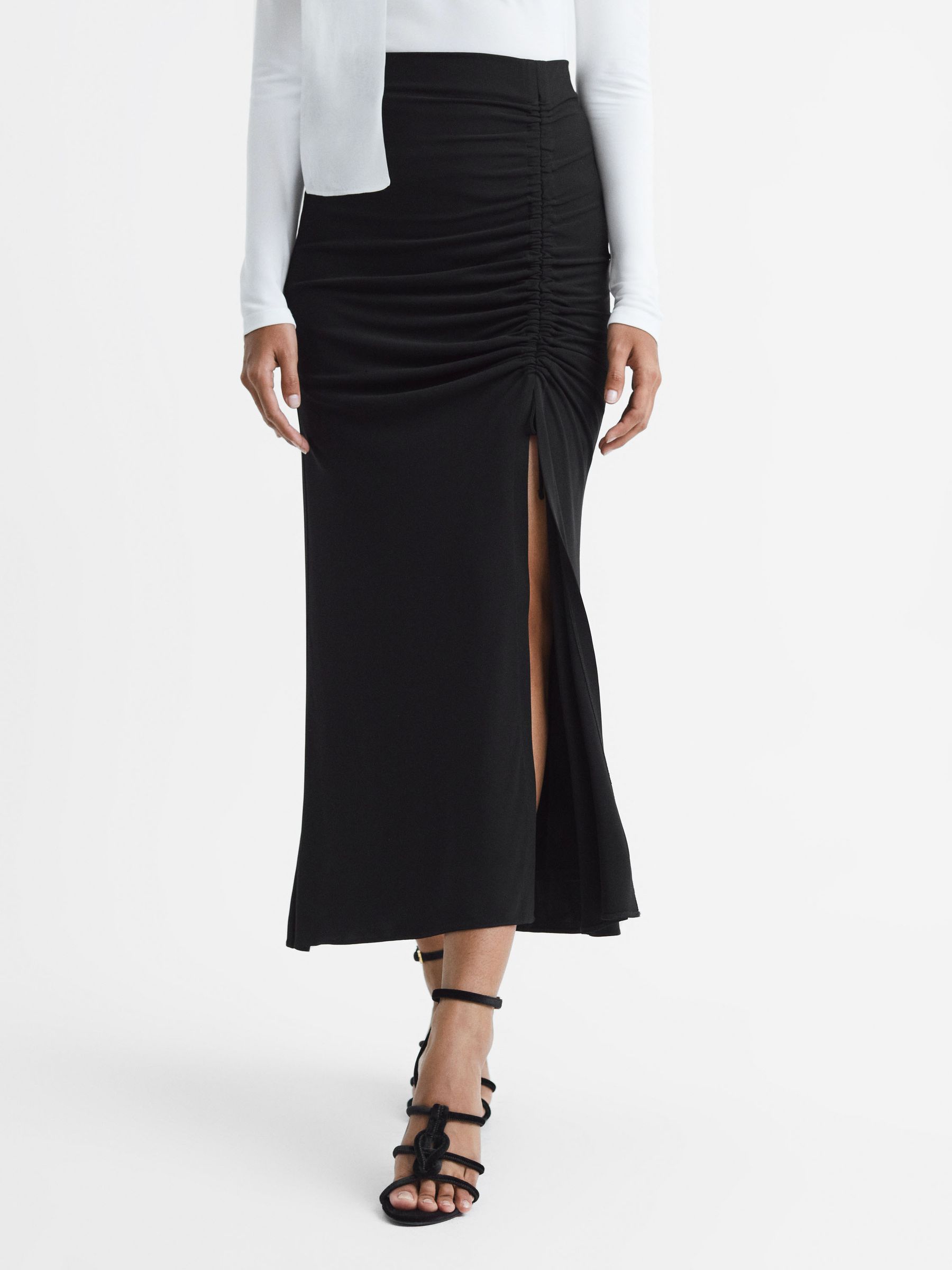High Rise Ruched Fitted Midi Skirt in Black - Image 3 of 5