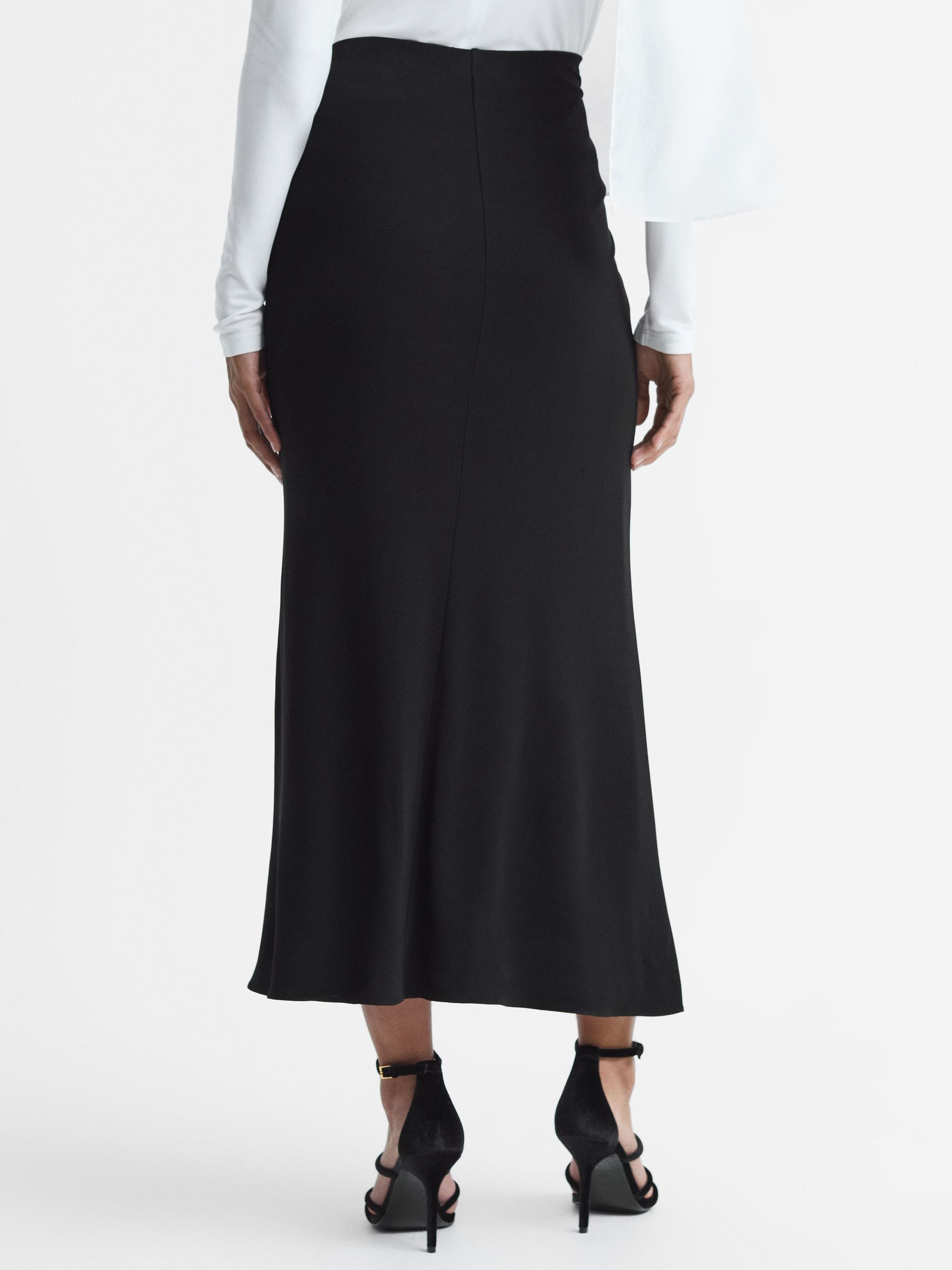 High Rise Ruched Fitted Midi Skirt in Black - image 5