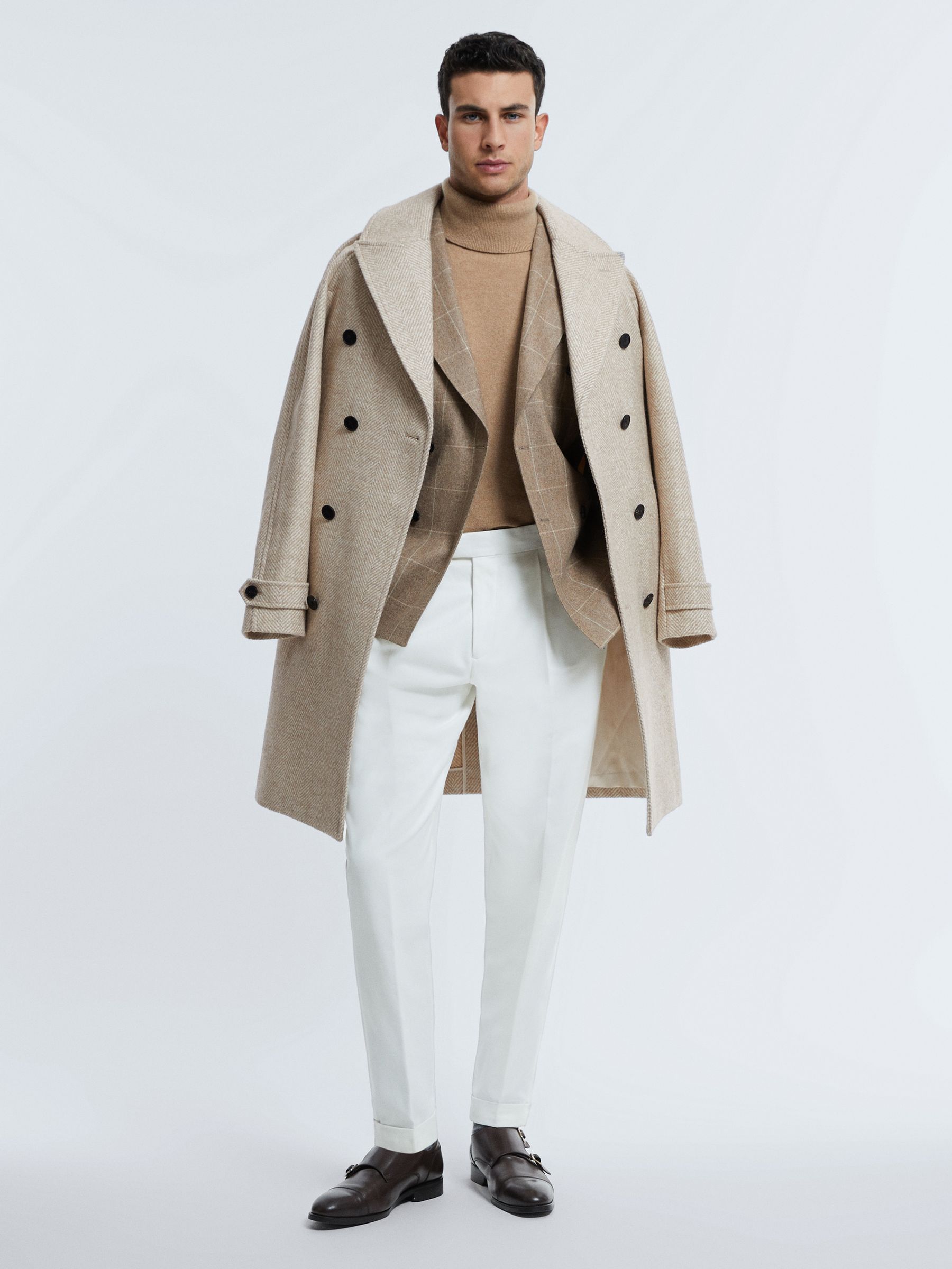 Atelier Italian Wool Blend Double Breasted Coat in Oatmeal Melange - Image 7 of 9