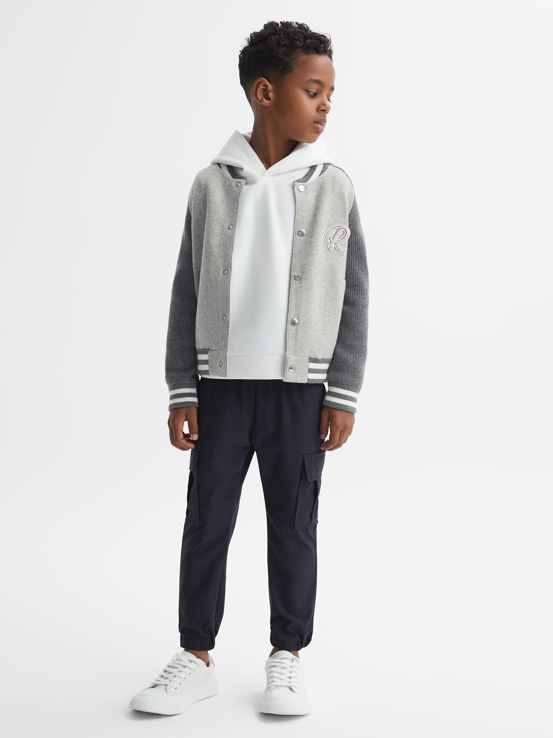 9-13 yrs Cotton Blend Varsity Bomber Jacket in Soft Grey - Image 1 of 6