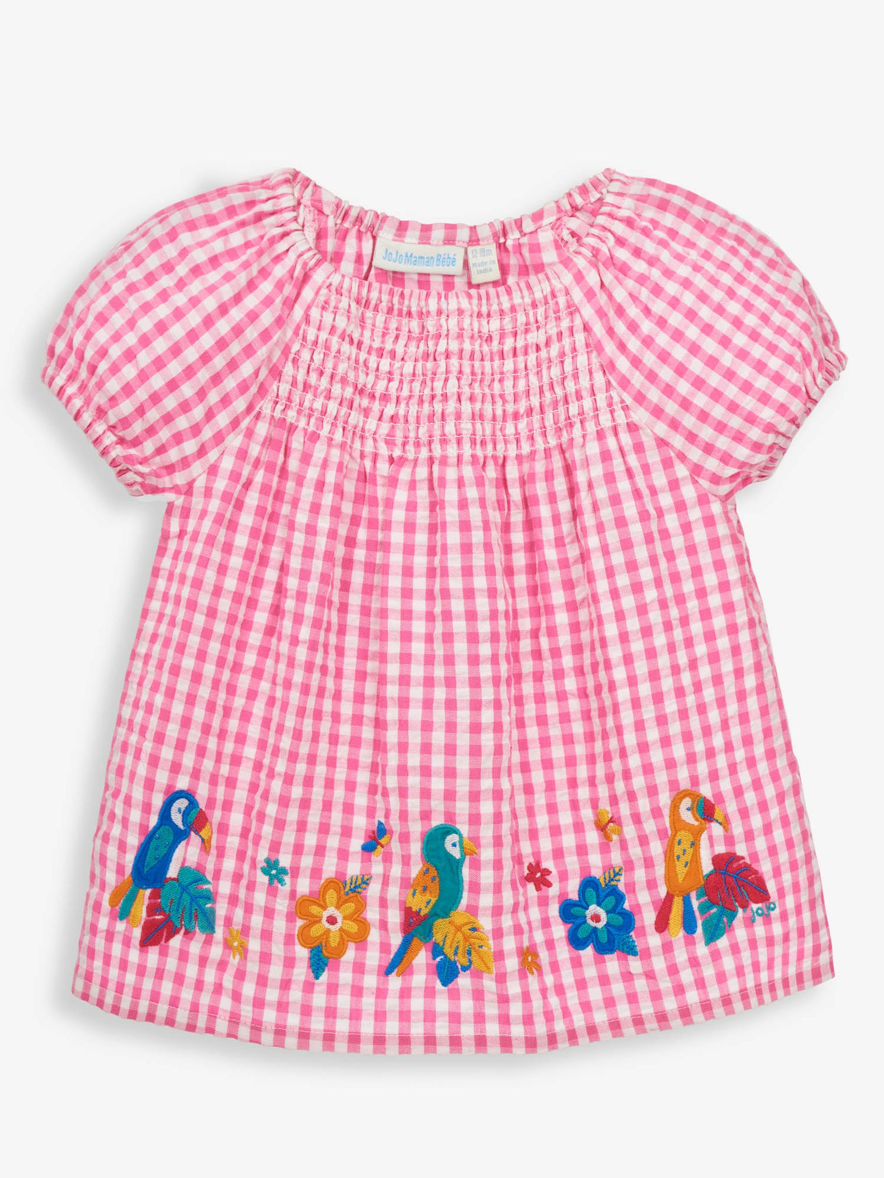 Orchid Girls' Parrot Appliqué Gingham Smocked Top - Image 1 of 2