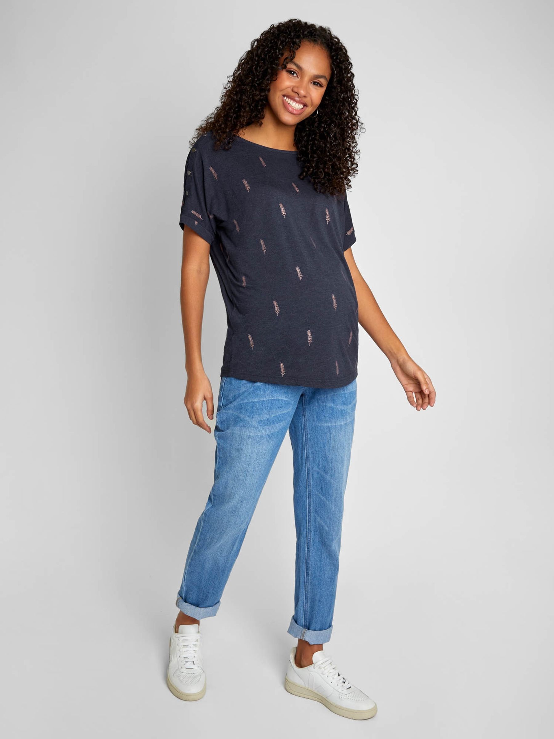 Navy Drop Shoulder Foil Print Maternity & Nursing Top - Image 2 of 5