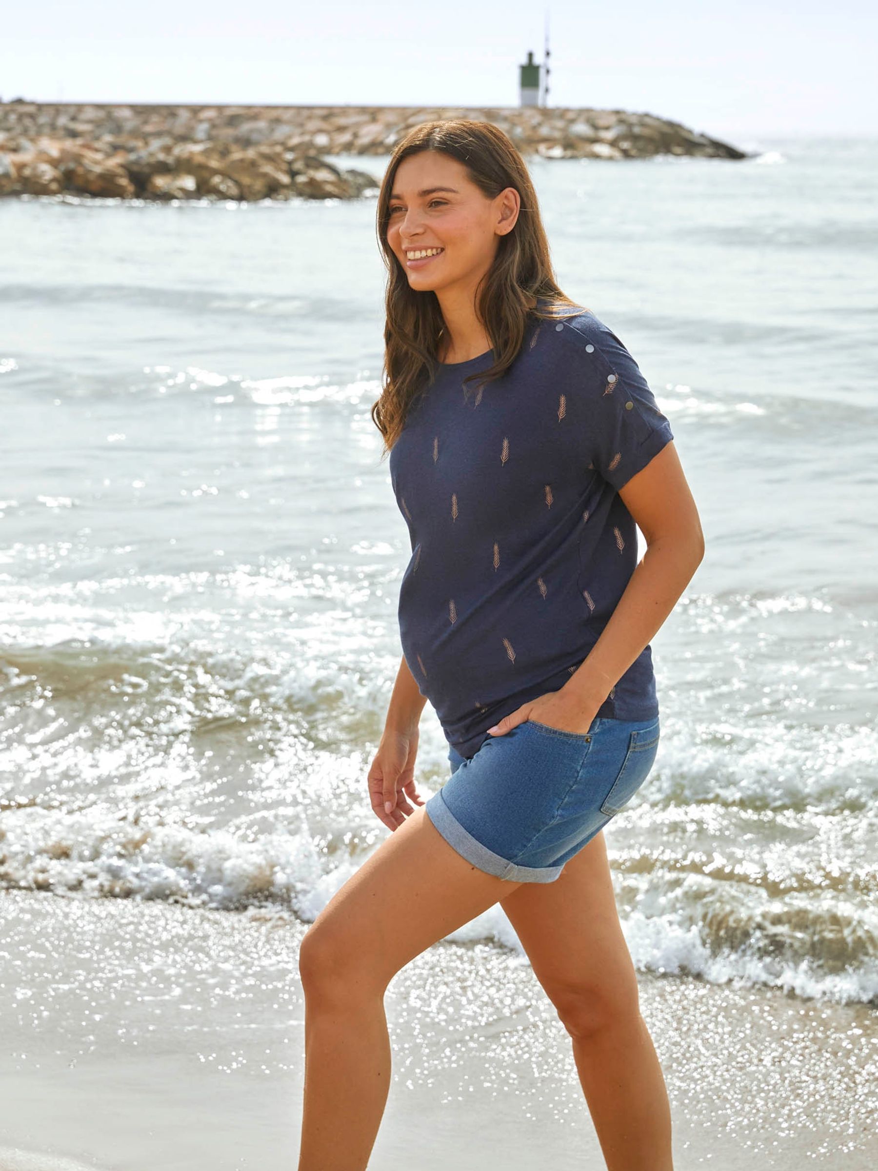 Navy Drop Shoulder Foil Print Maternity & Nursing Top - Image 5 of 5