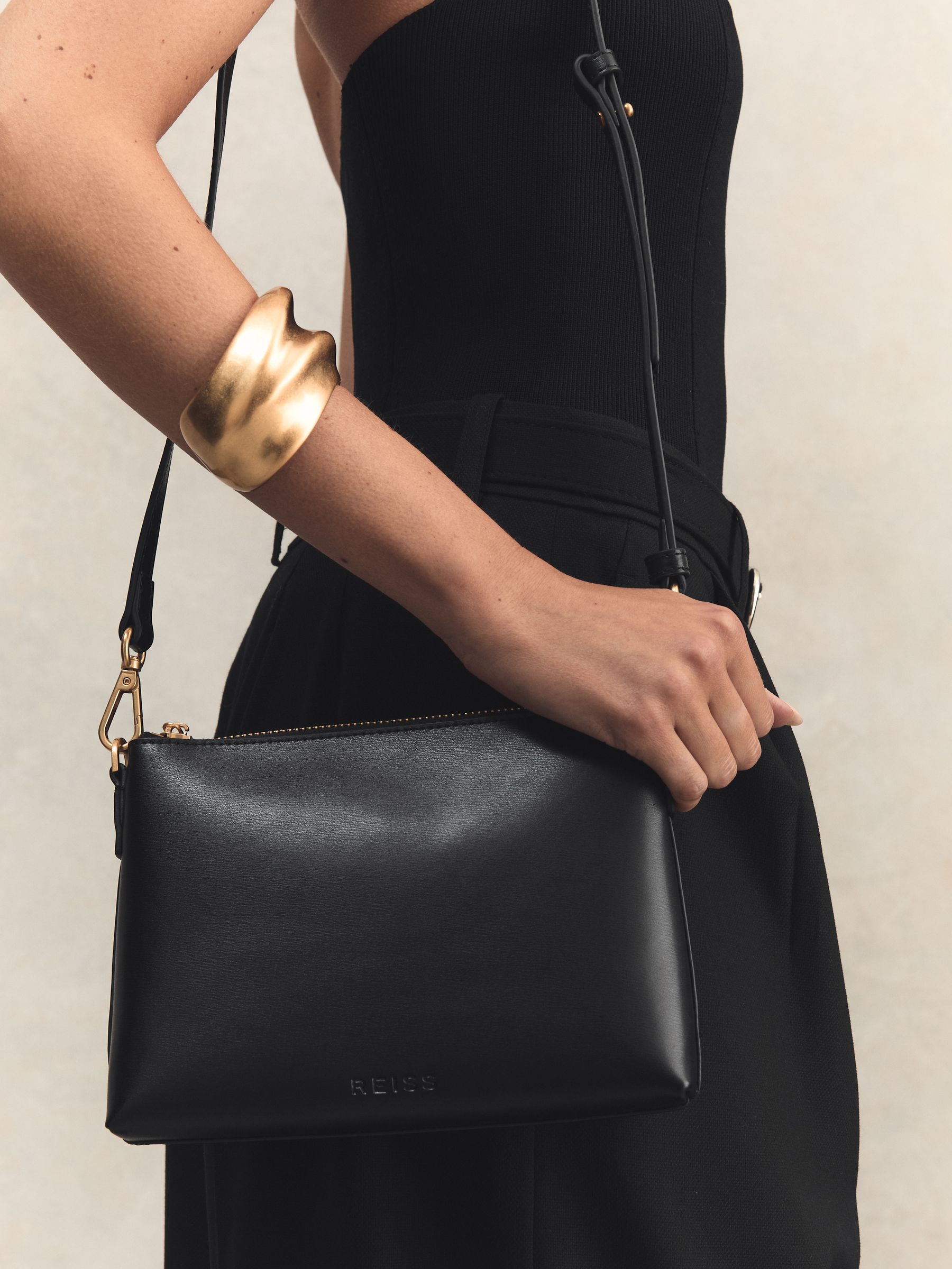 Leather Double Strap Pouch Bag in Black - Image 2 of 5