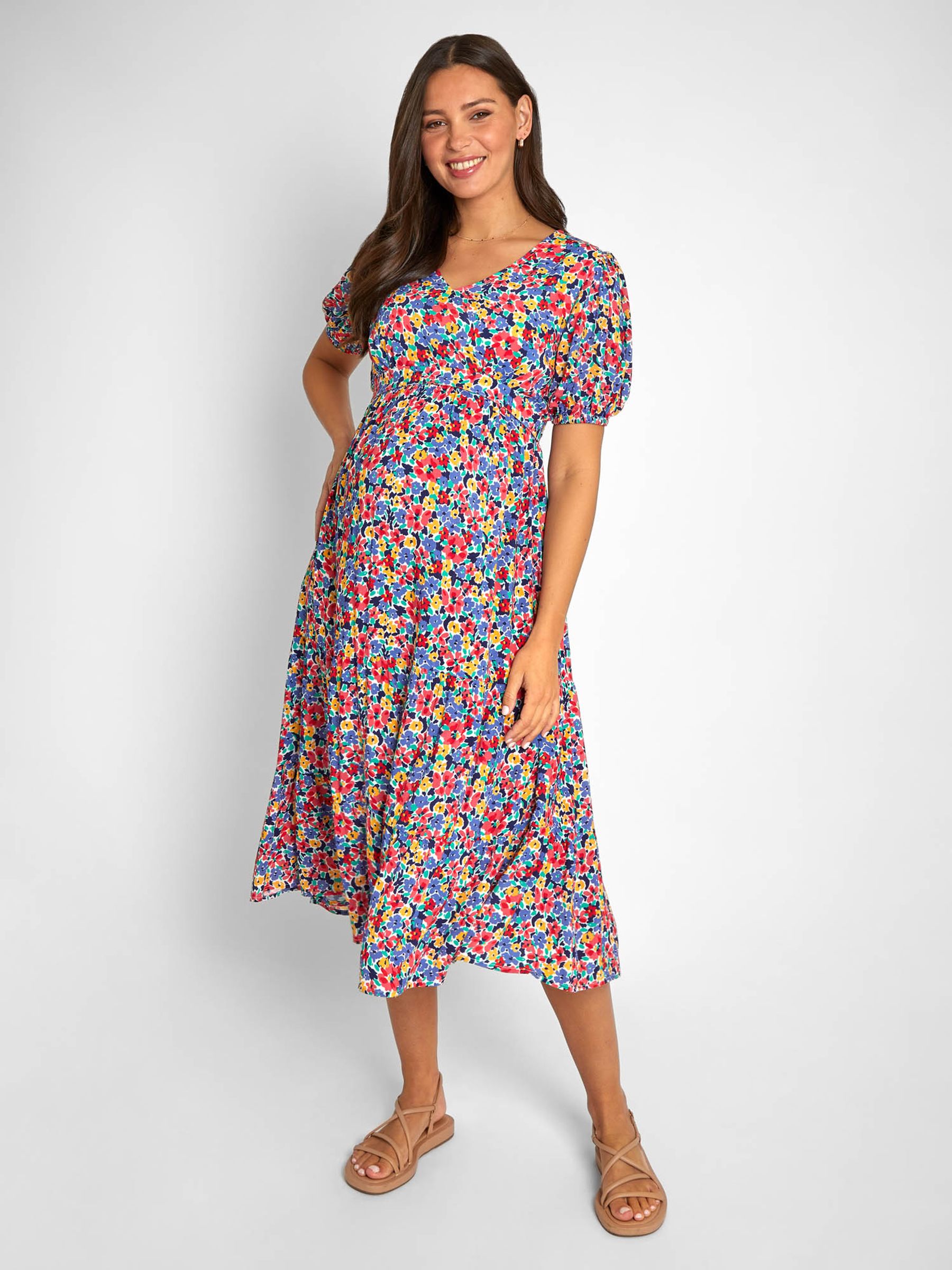 Multi Floral Print Tiered Maternity and Nursing Midi Dress - Image 1 of 4