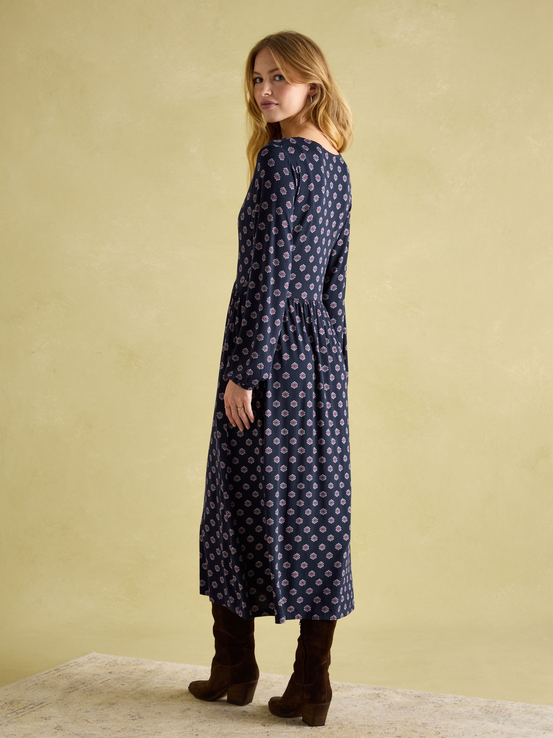 Nia Navy Blue Floral V-Neck Long Sleeve Midaxi Dress - Image 2 of 6