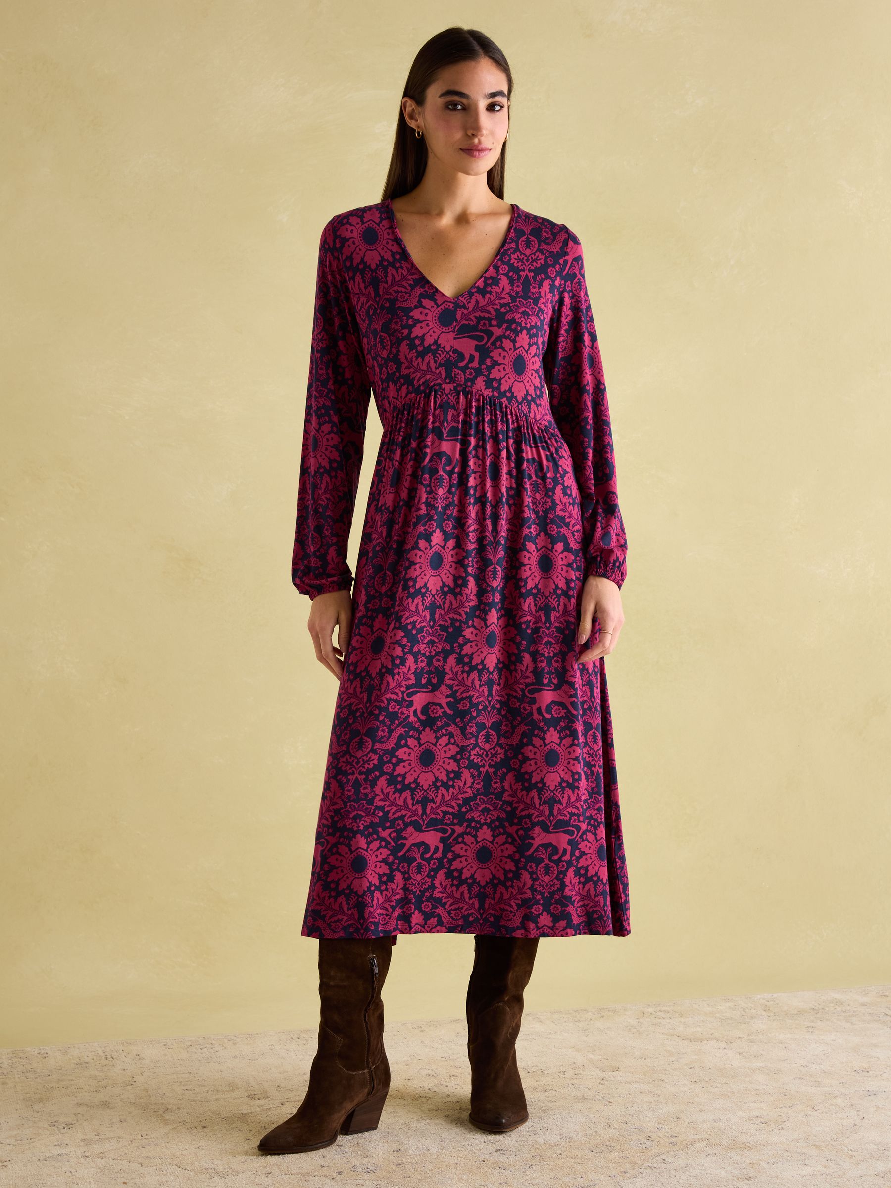 Nia Red & Navy V-Neck Long Sleeve Midaxi Dress - Image 1 of 7