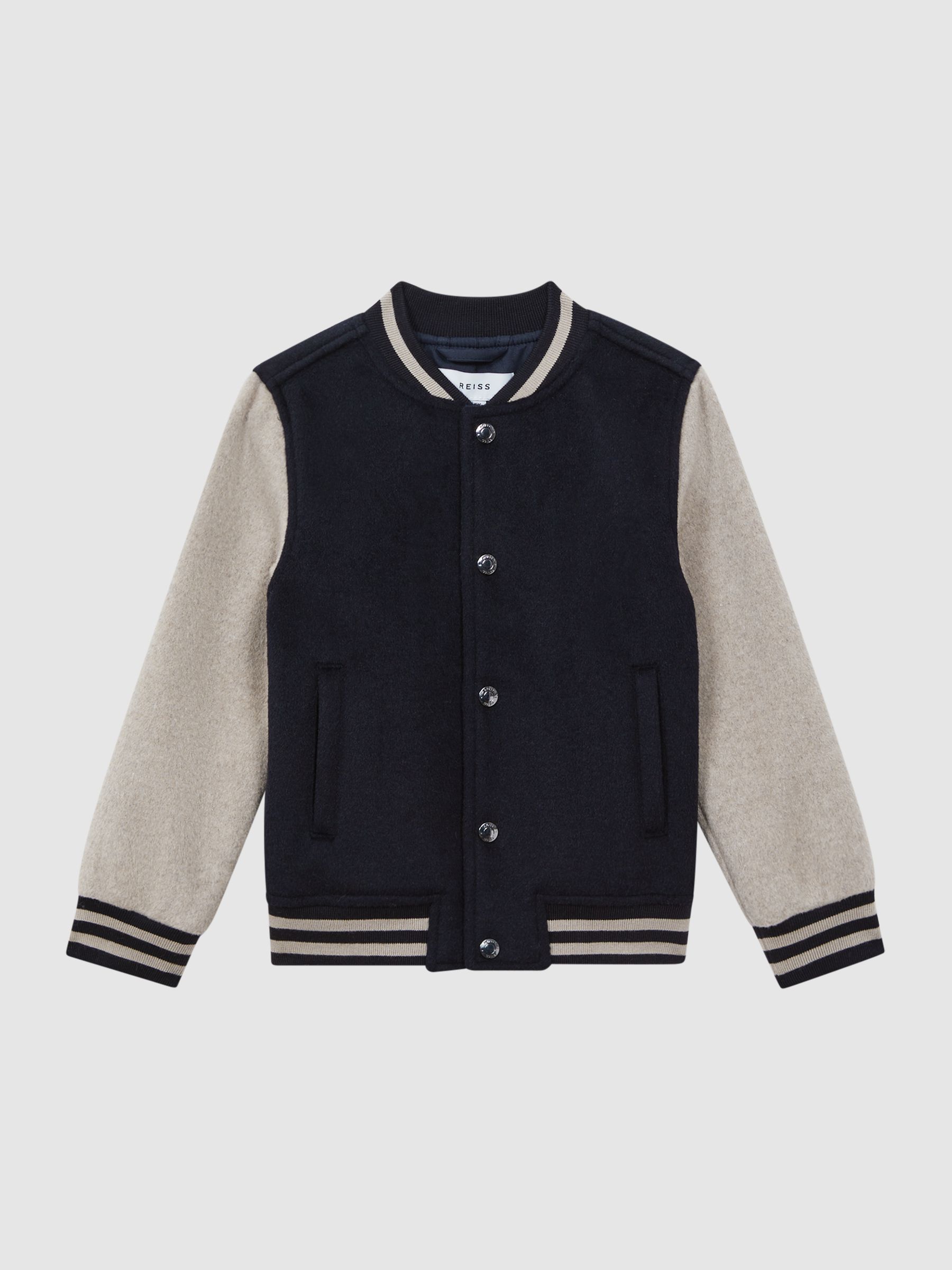 Senior Wool Blend Varsity Bomber Jacket in Navy/Stone - Image 2 of 6