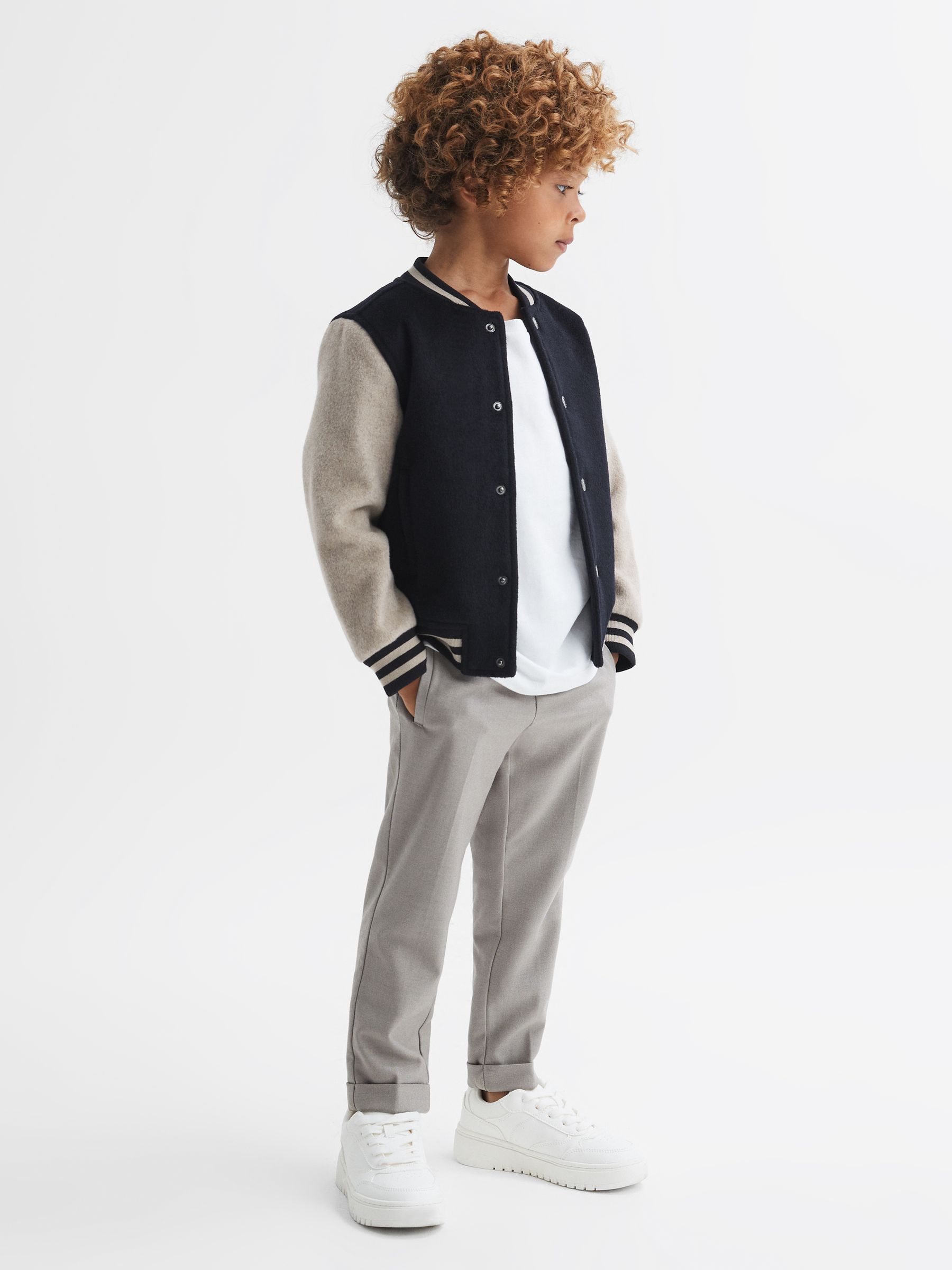 Senior Wool Blend Varsity Bomber Jacket in Navy/Stone - Image 3 of 6