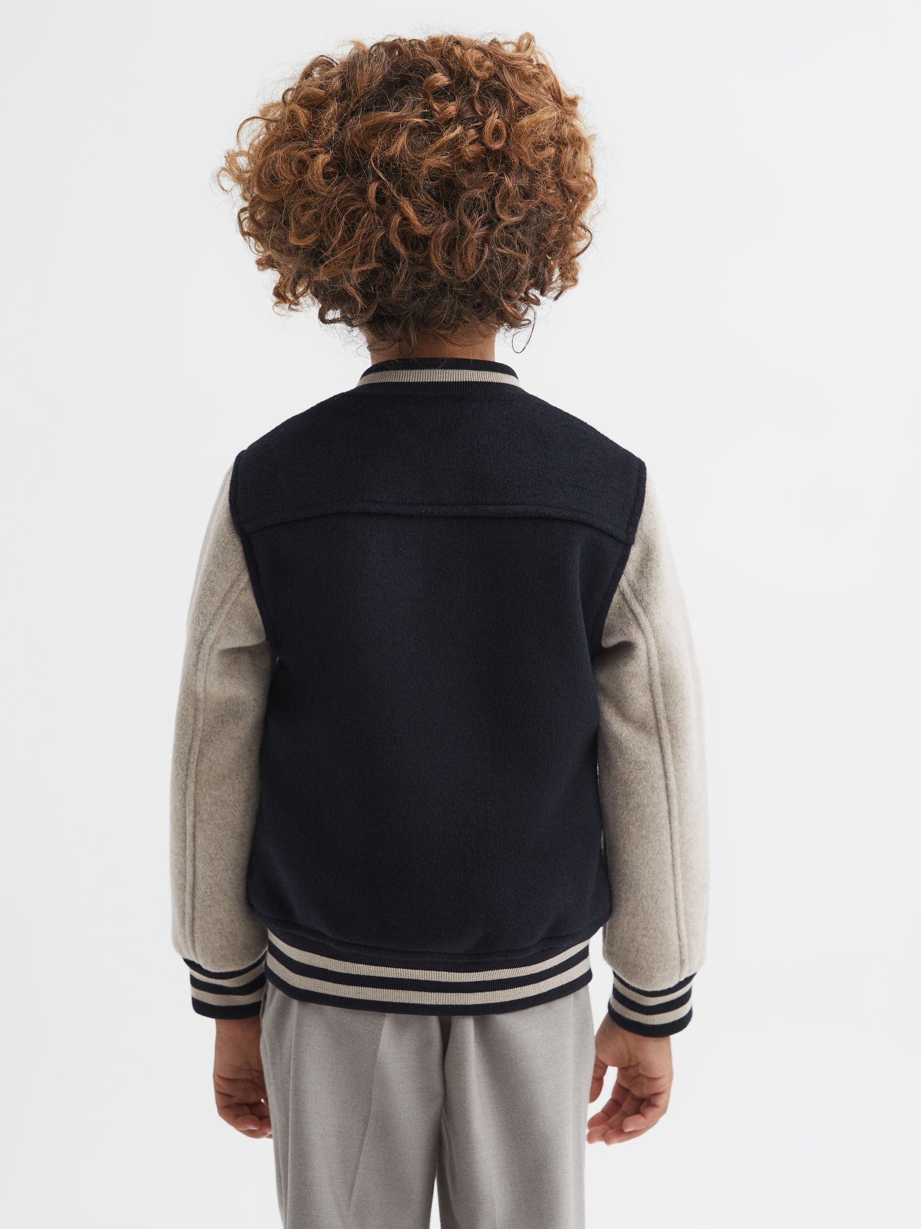 Senior Wool Blend Varsity Bomber Jacket in Navy/Stone - Image 5 of 6