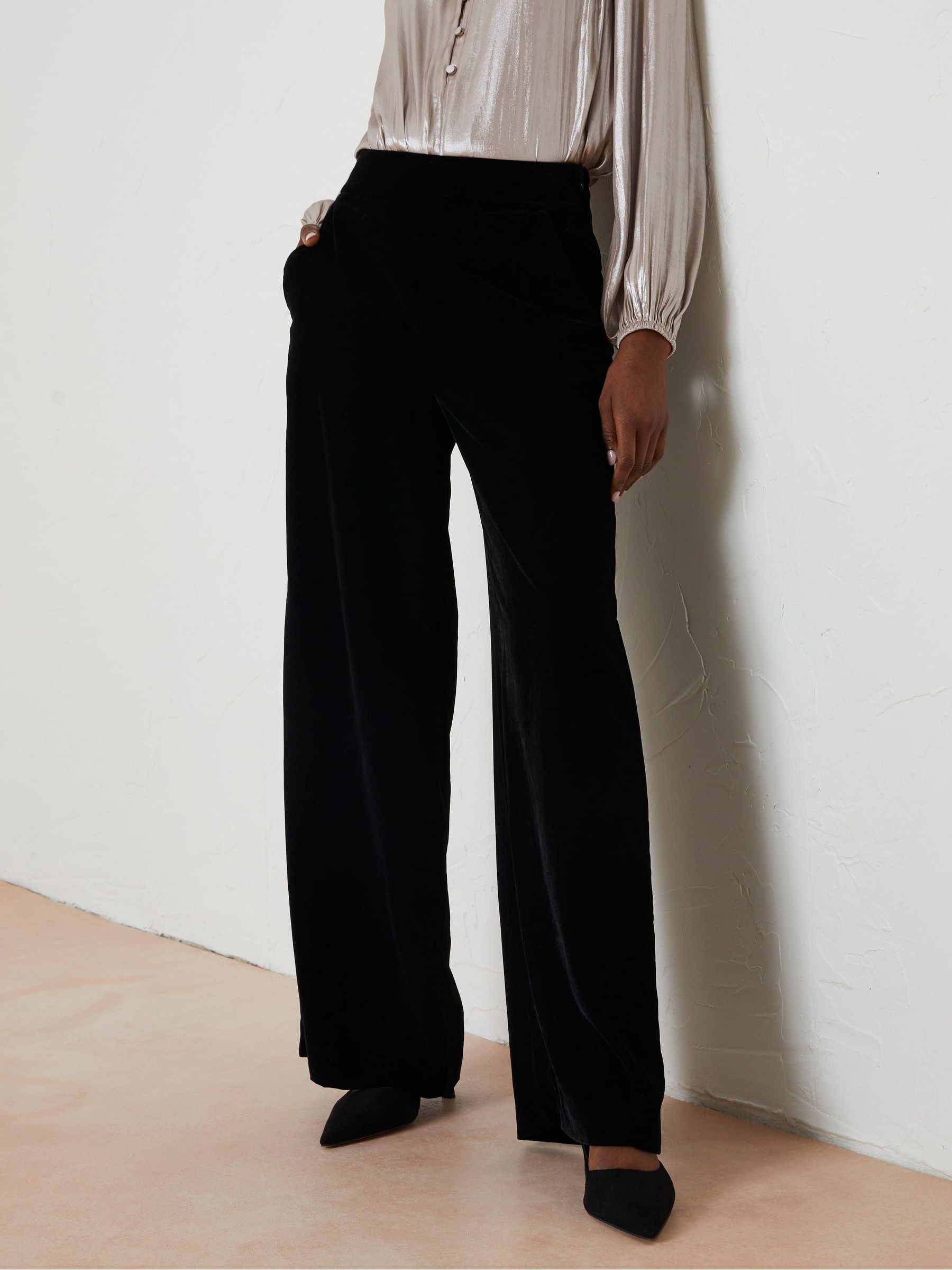 Black Wide Leg Velvet Trousers - Image 1 of 6