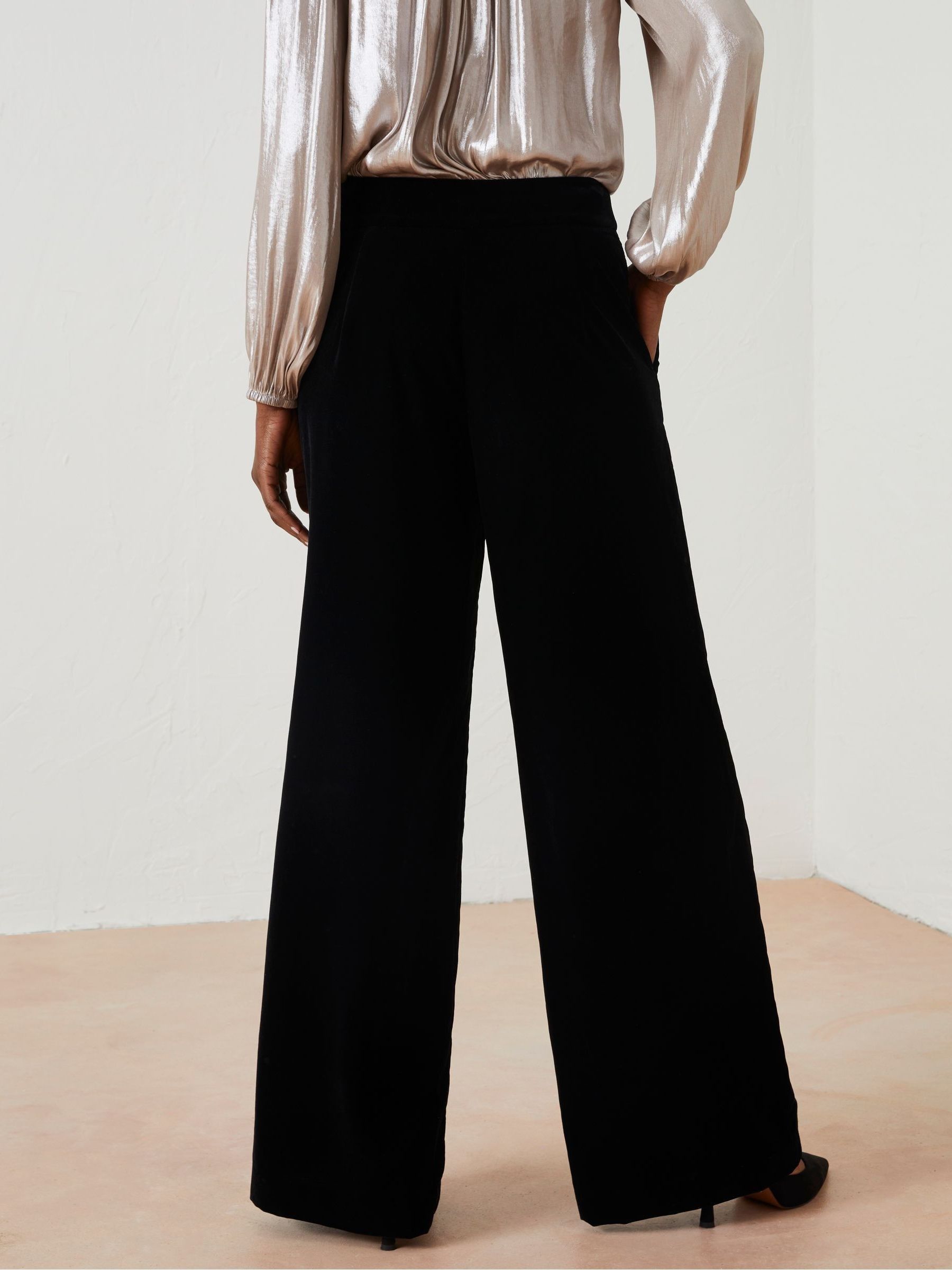 Black Wide Leg Velvet Trousers - Image 2 of 6