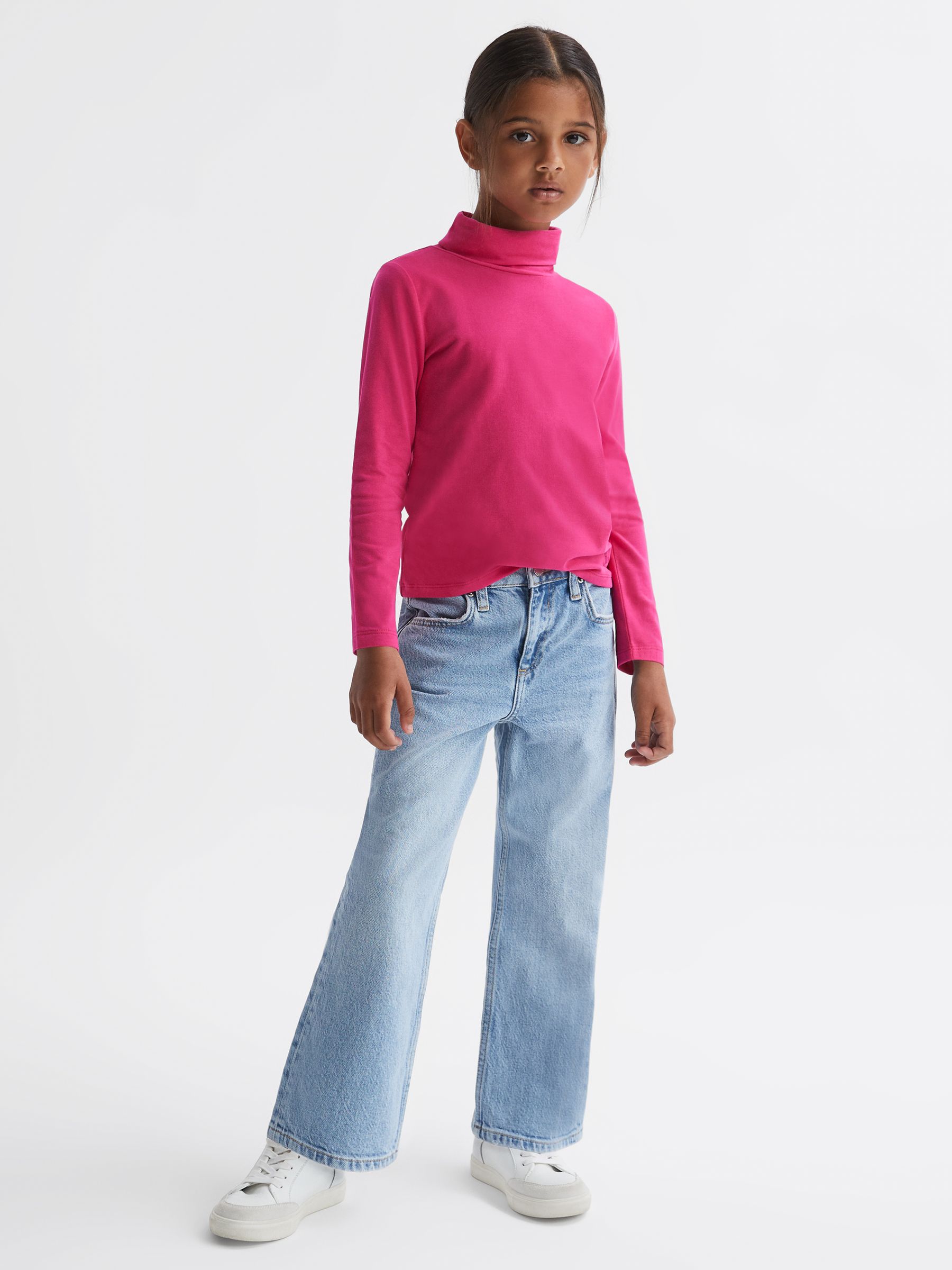 4-9 yrs Cotton Blend Roll Neck Top in Bright Pink - Image 3 of 5