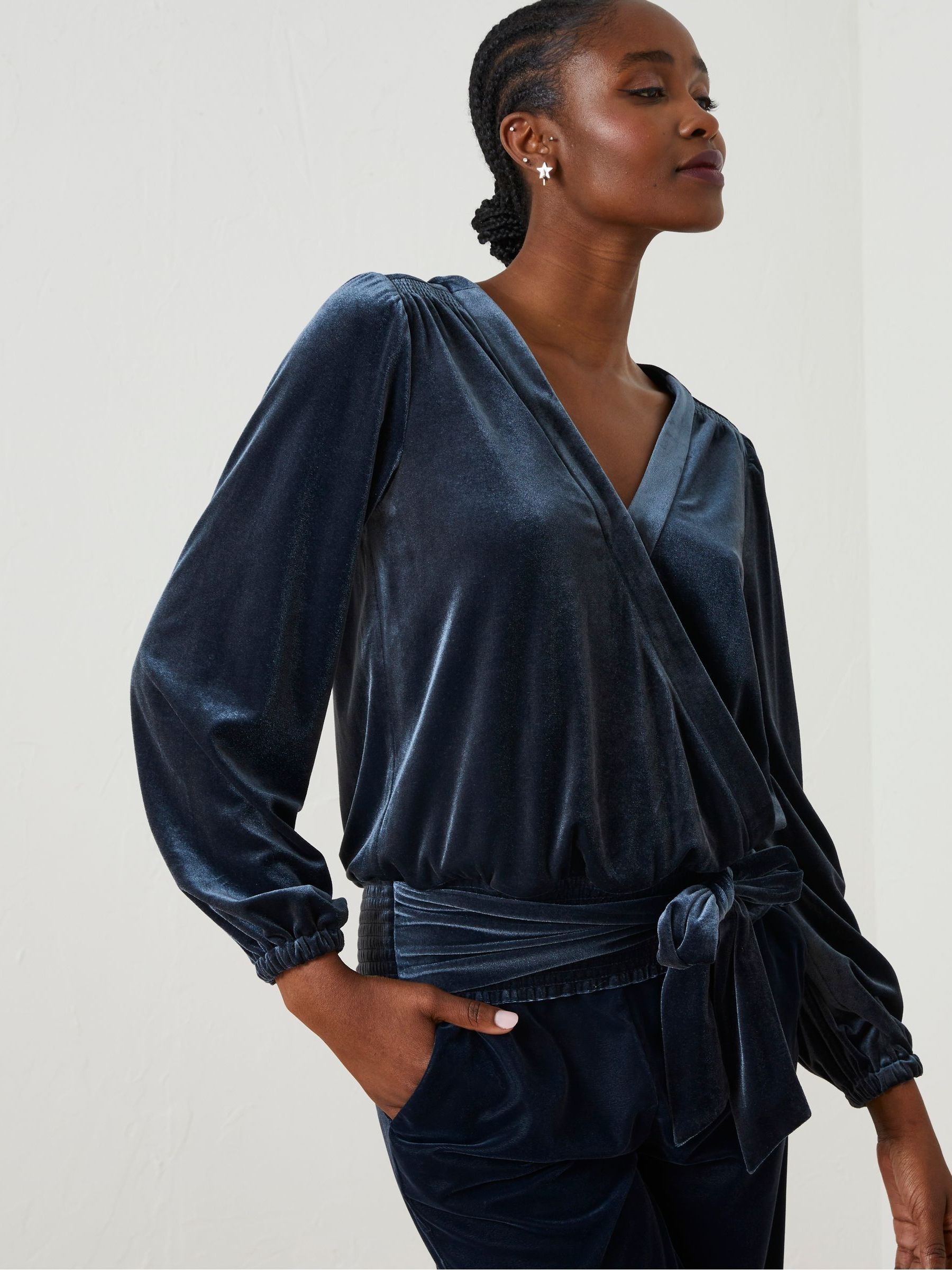 Blue Reese Velvet Wrap Top - Image 1 of 6