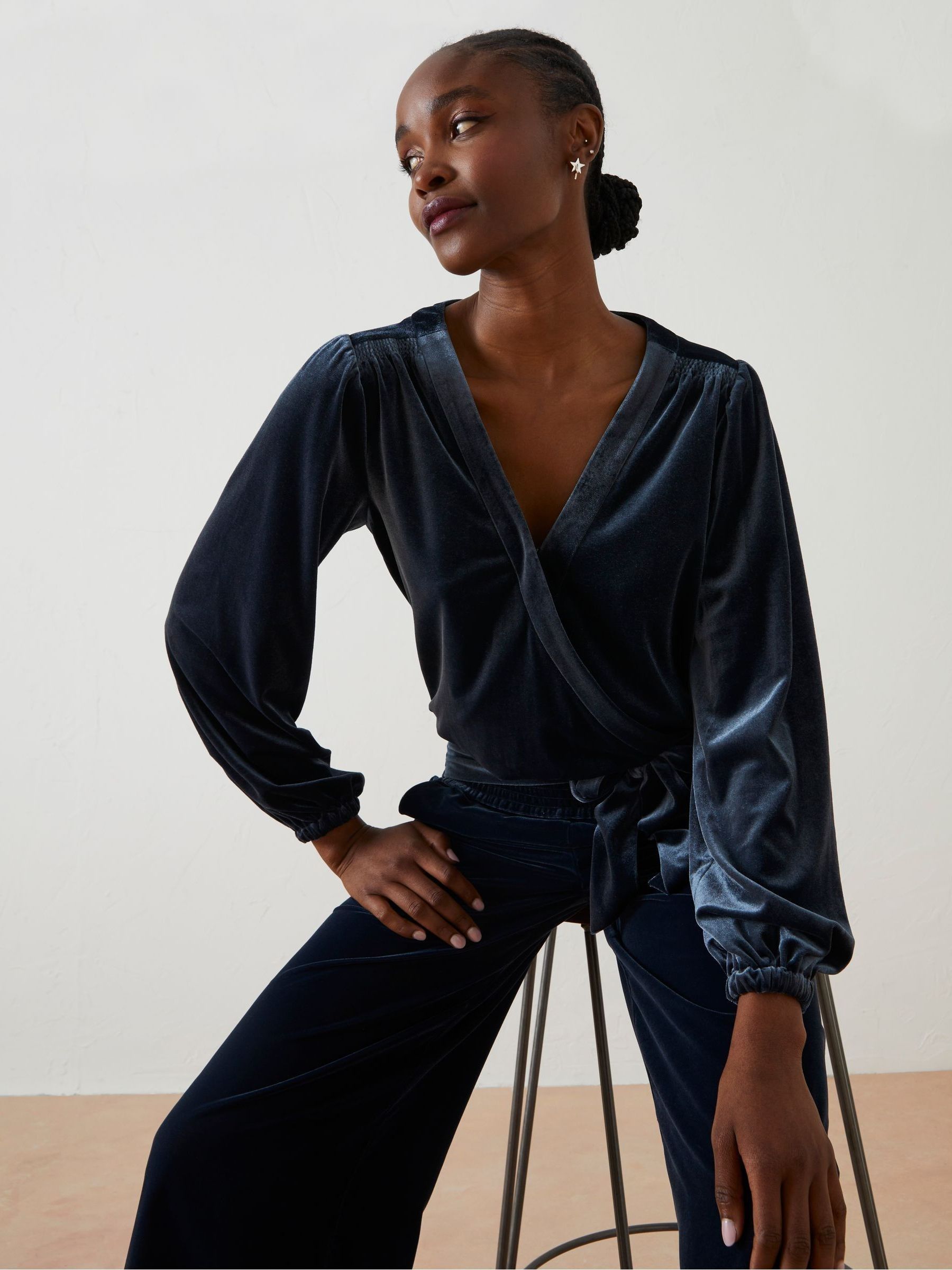 Blue Reese Velvet Wrap Top - Image 3 of 6