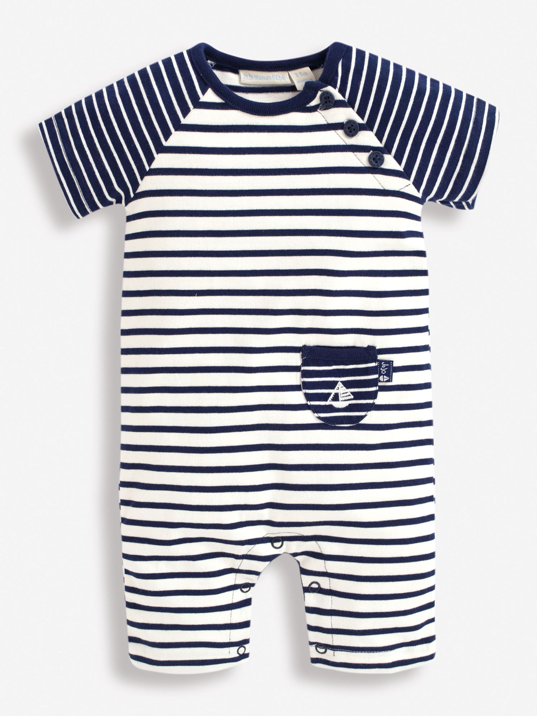 Breton Stripe Nautical Baby Romper in Ecru Navy Stripe - Image 1 of 1