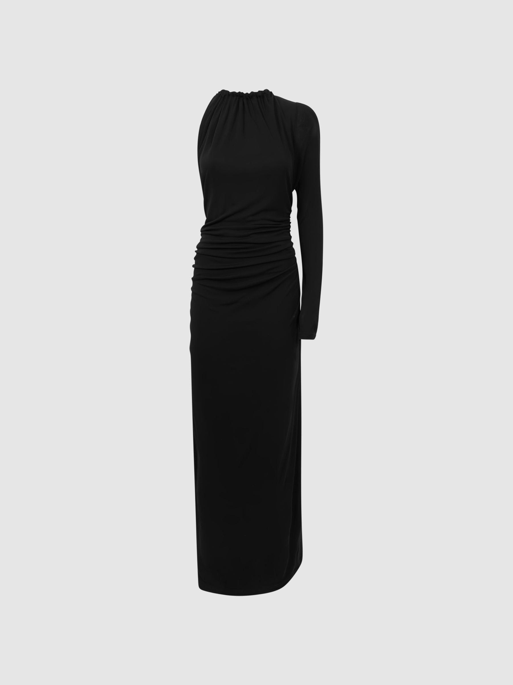 Fitted One-Shoulder Velvet Bow Maxi Dress in Black - Image 2 of 5