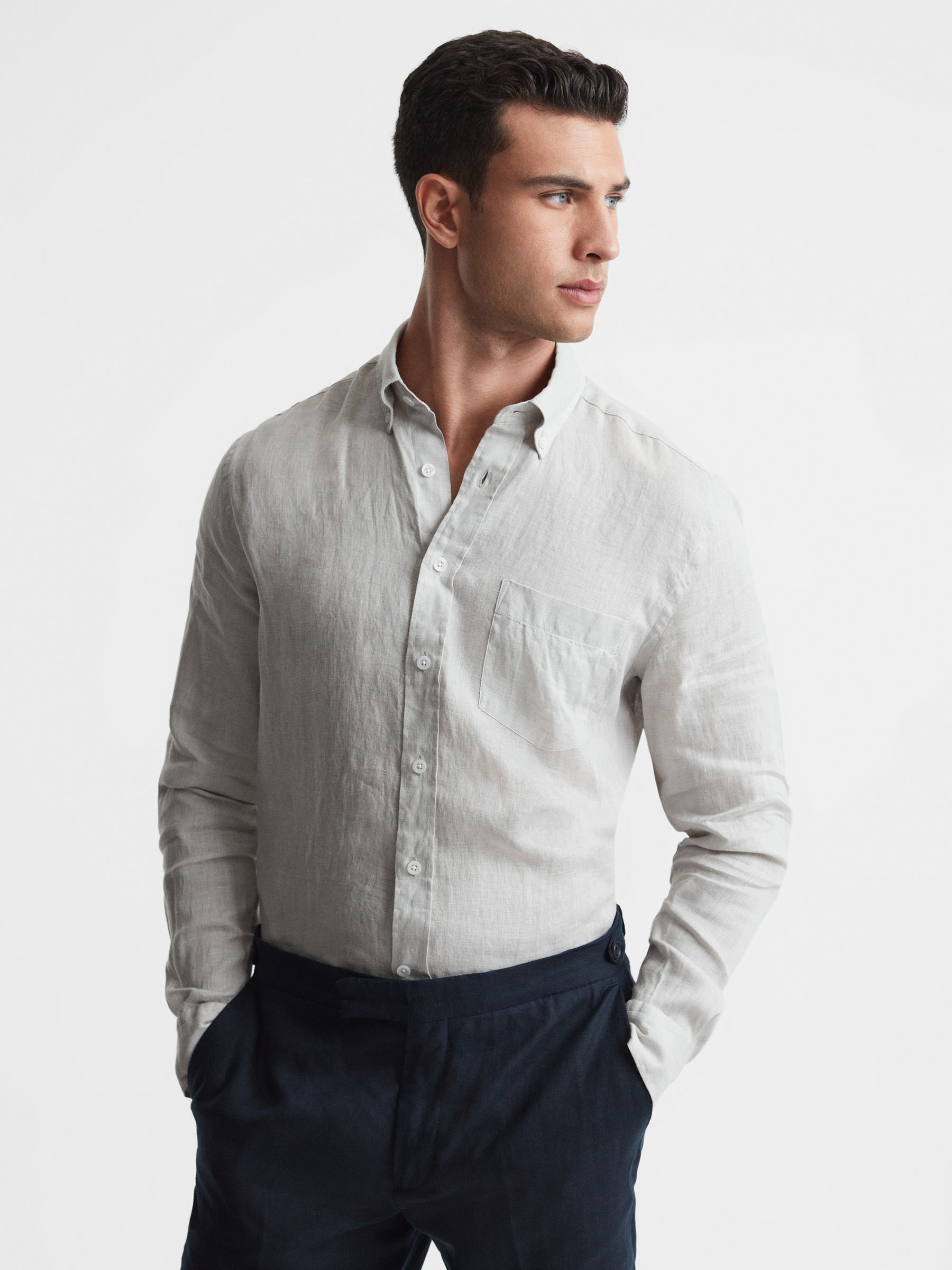 Slim Fit Linen Button-Down Shirt in Stone - Image 1 of 5