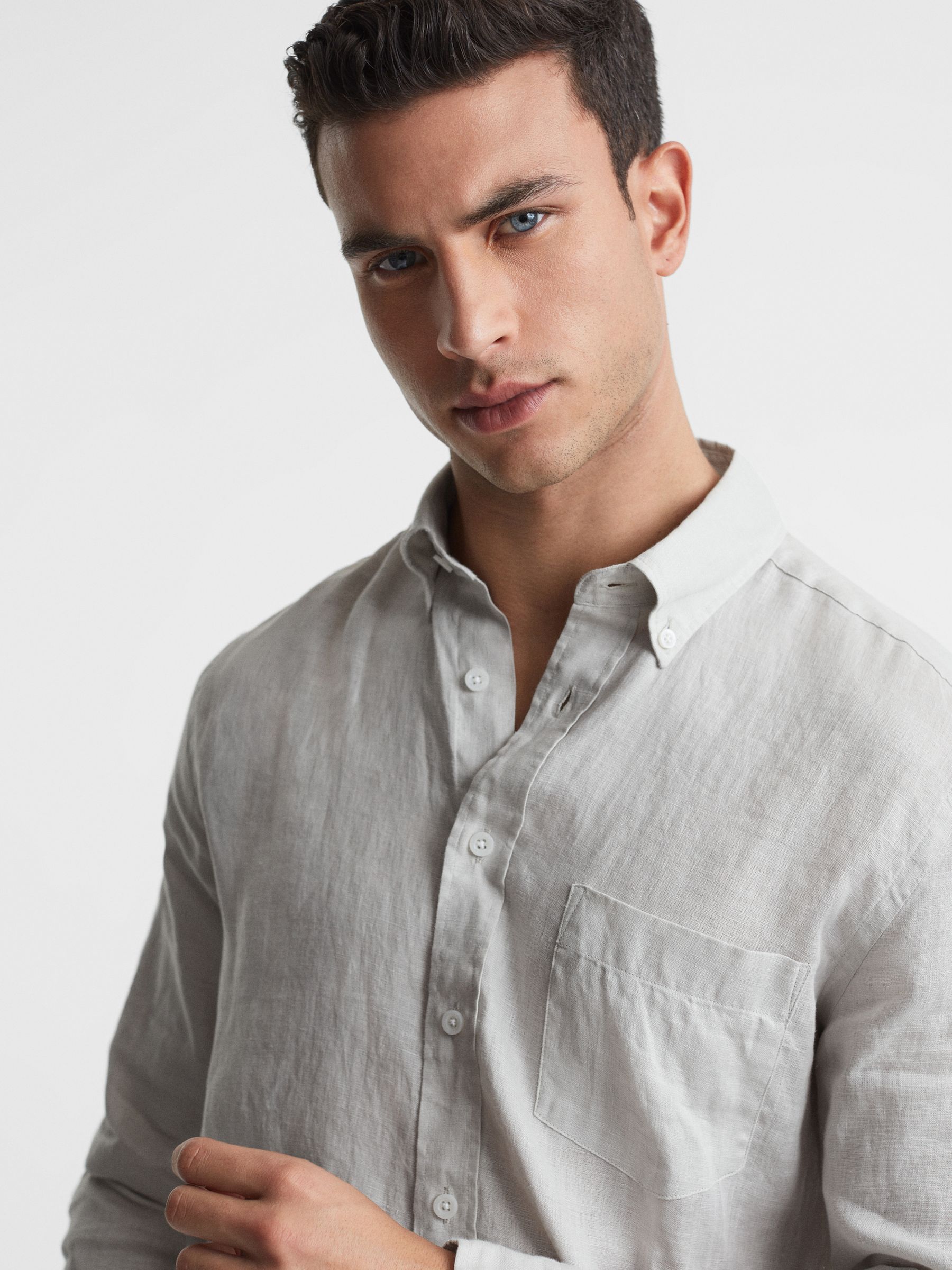 Slim Fit Linen Button-Down Shirt in Stone - Image 4 of 5