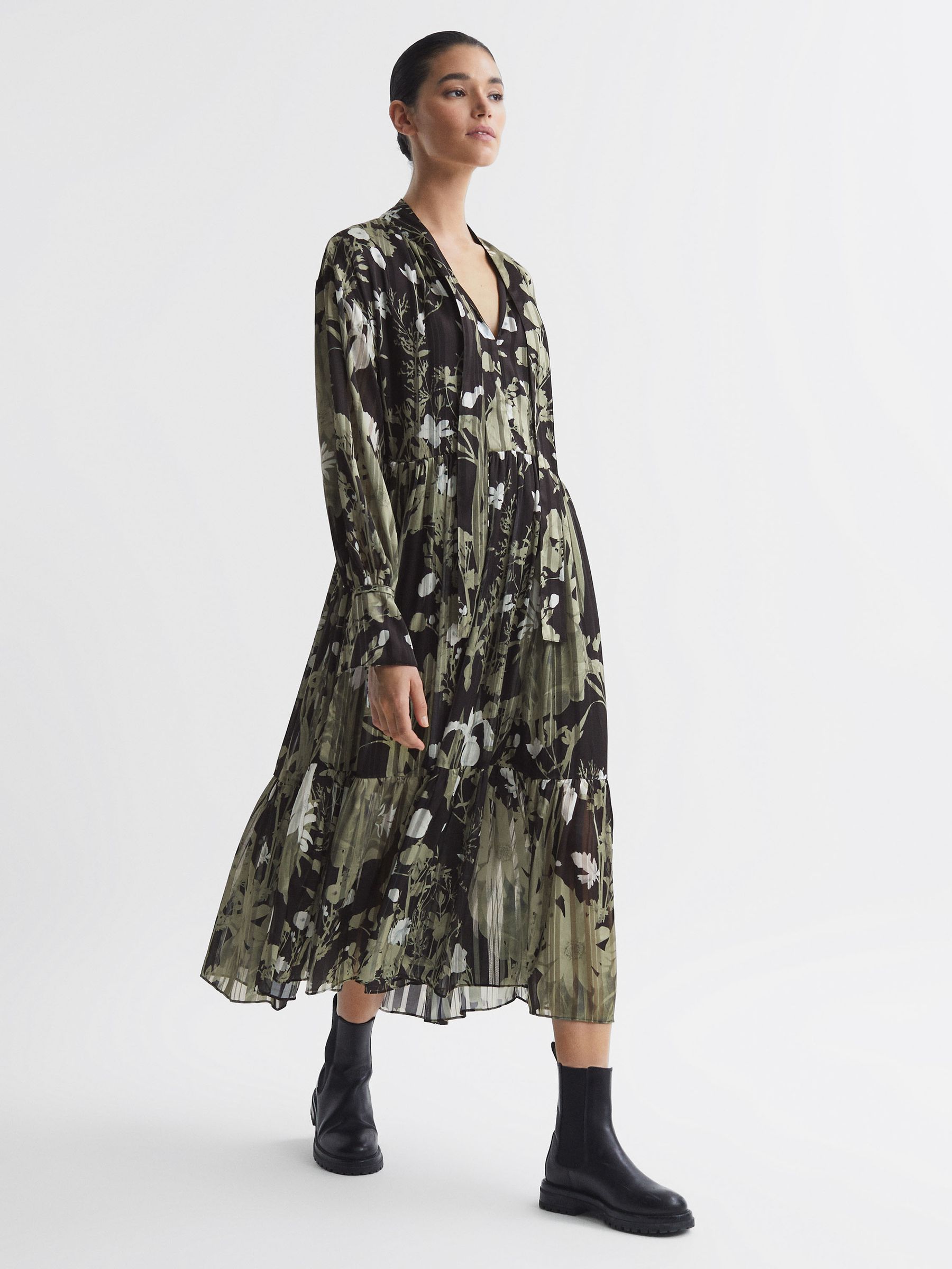 Floral Print Tie Neck Midi Dress in Green - Image 1 of 5