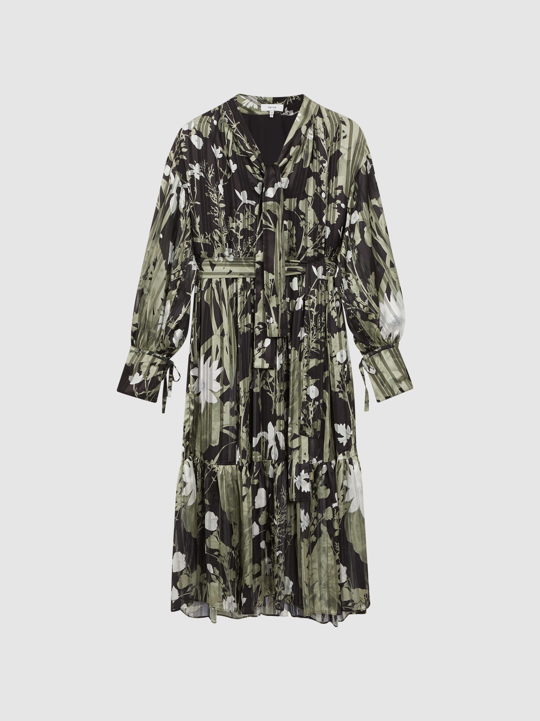 Floral Print Tie Neck Midi Dress in Green - Image 2 of 5