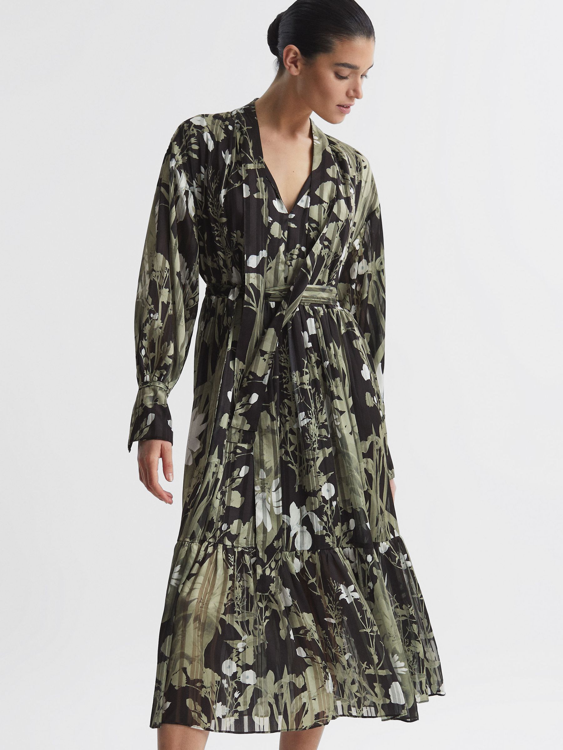 Floral Print Tie Neck Midi Dress in Green - Image 3 of 5