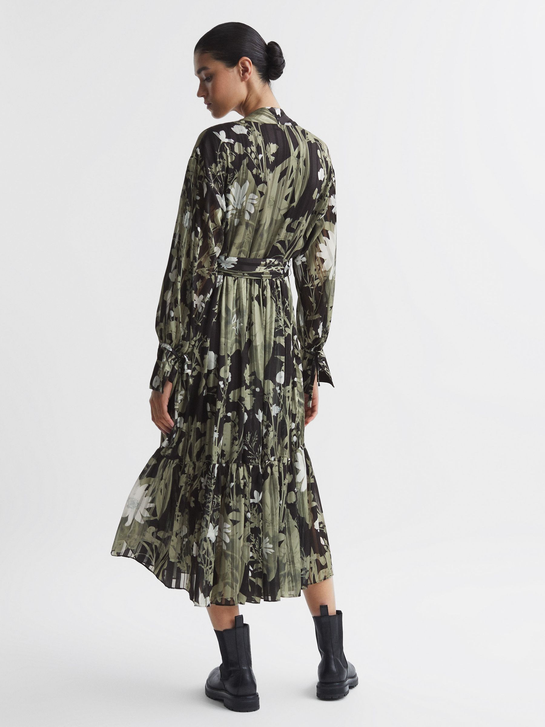Floral Print Tie Neck Midi Dress in Green - Image 5 of 5