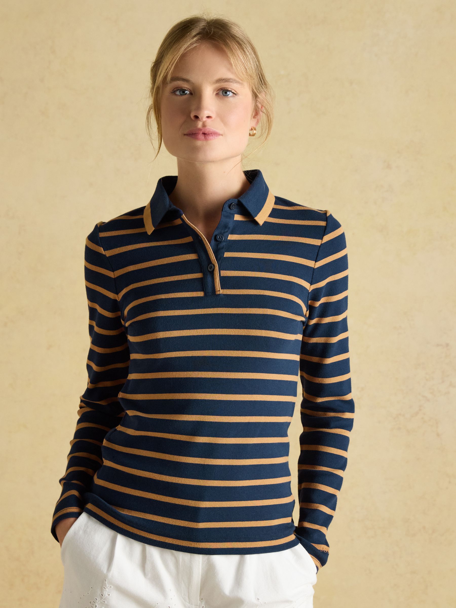Fairfield Navy & Tan Ribbed Long Sleeve Striped Polo Shirt - Image 1 of 7