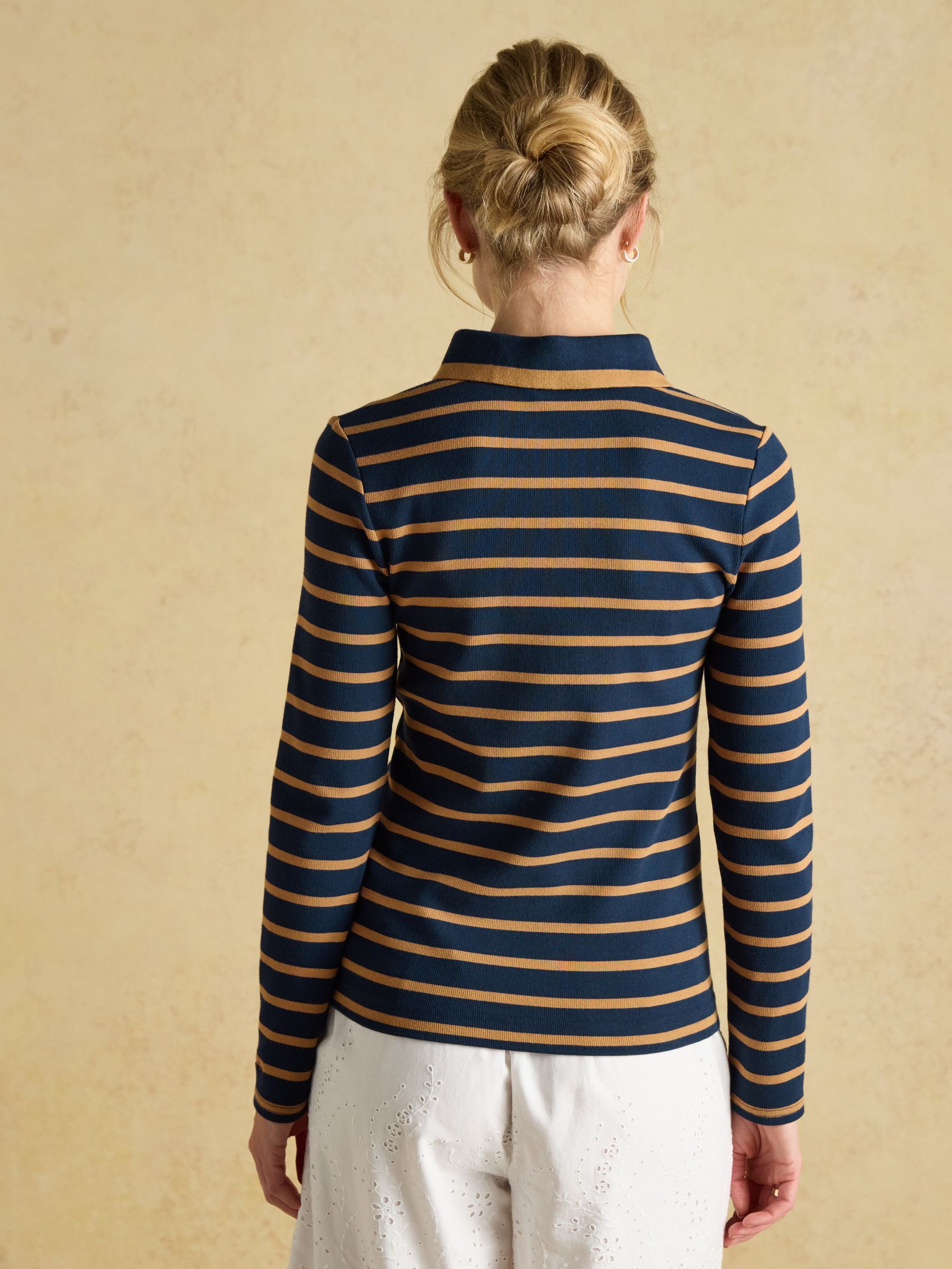 Fairfield Navy & Tan Ribbed Long Sleeve Striped Polo Shirt - Image 2 of 7