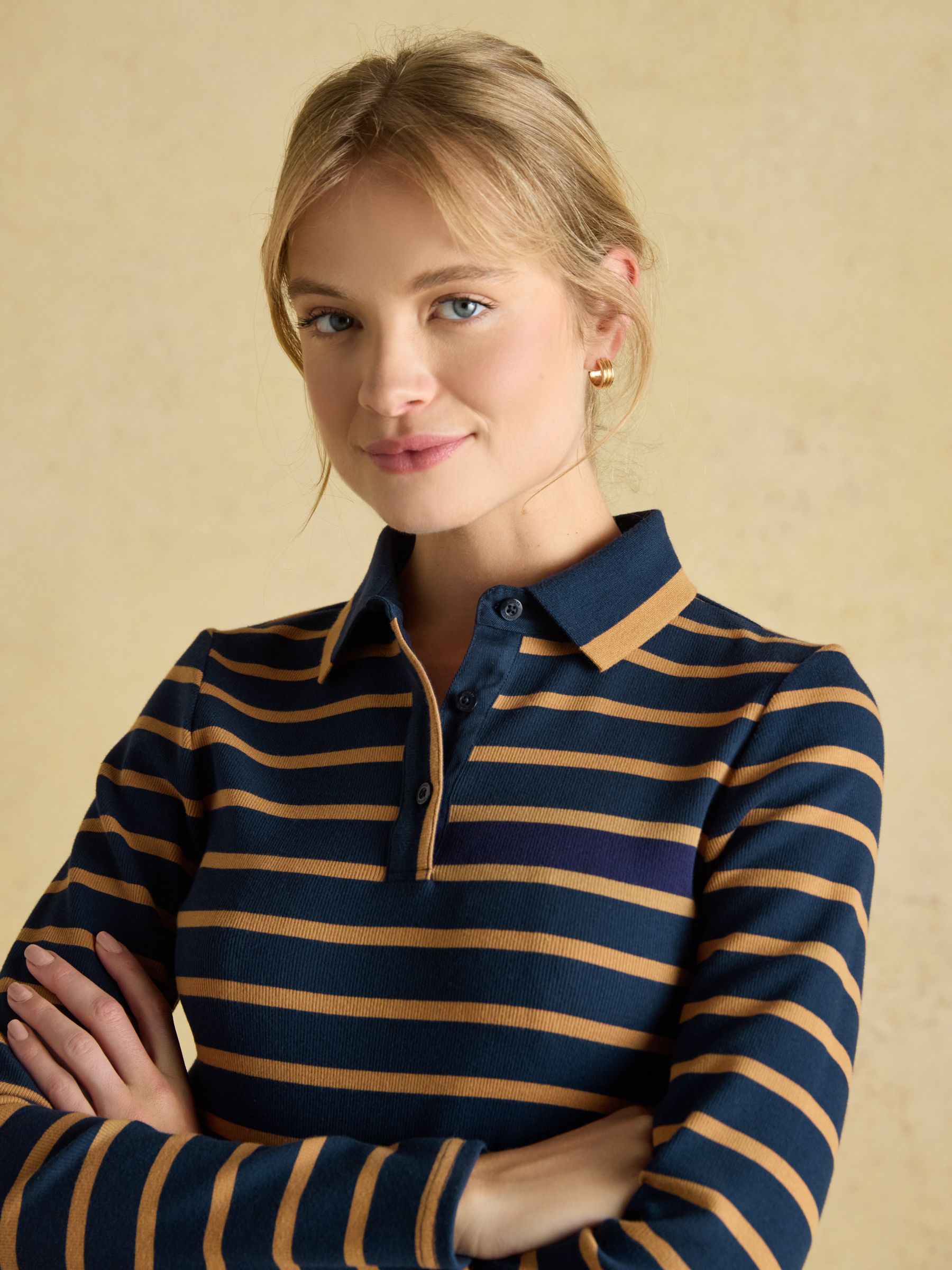 Fairfield Navy & Tan Ribbed Long Sleeve Striped Polo Shirt - Image 5 of 7