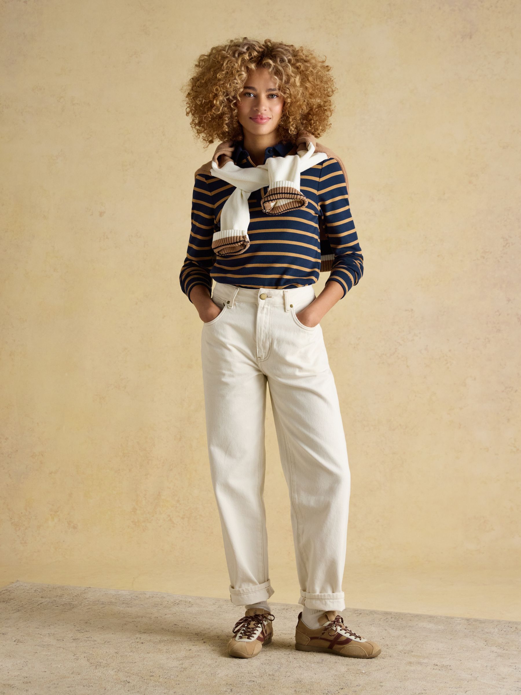 Fairfield Navy Blue \u0026 Brown Ribbed Long Sleeve Striped Polo Shirt | Joules